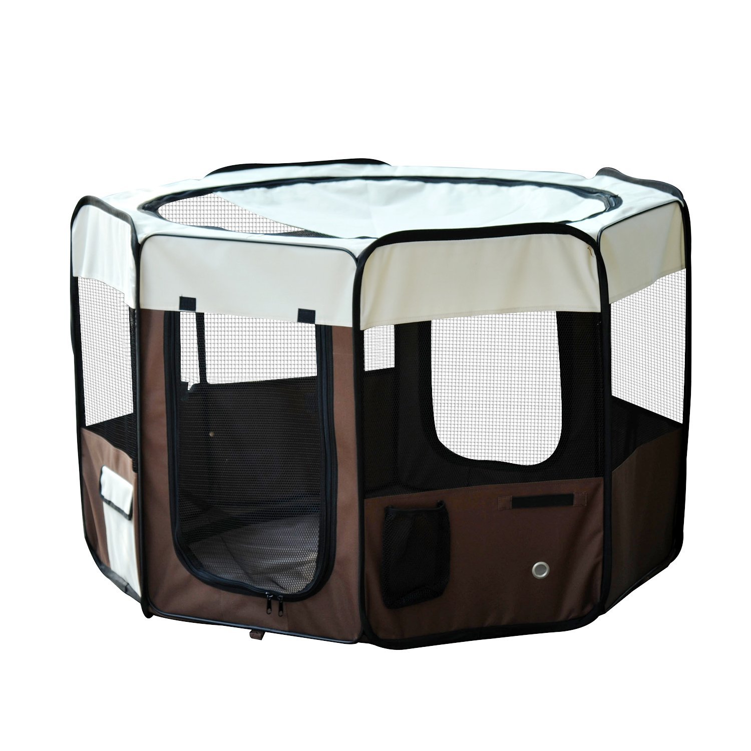 PawHut Parque Plegable para Perros y Gatos, Corralito Portátil para Animales Pequeños Impermeable de Tela Oxford con 2 Puertas, para Exterior e Interior, Ø117x76 cm, Marrón