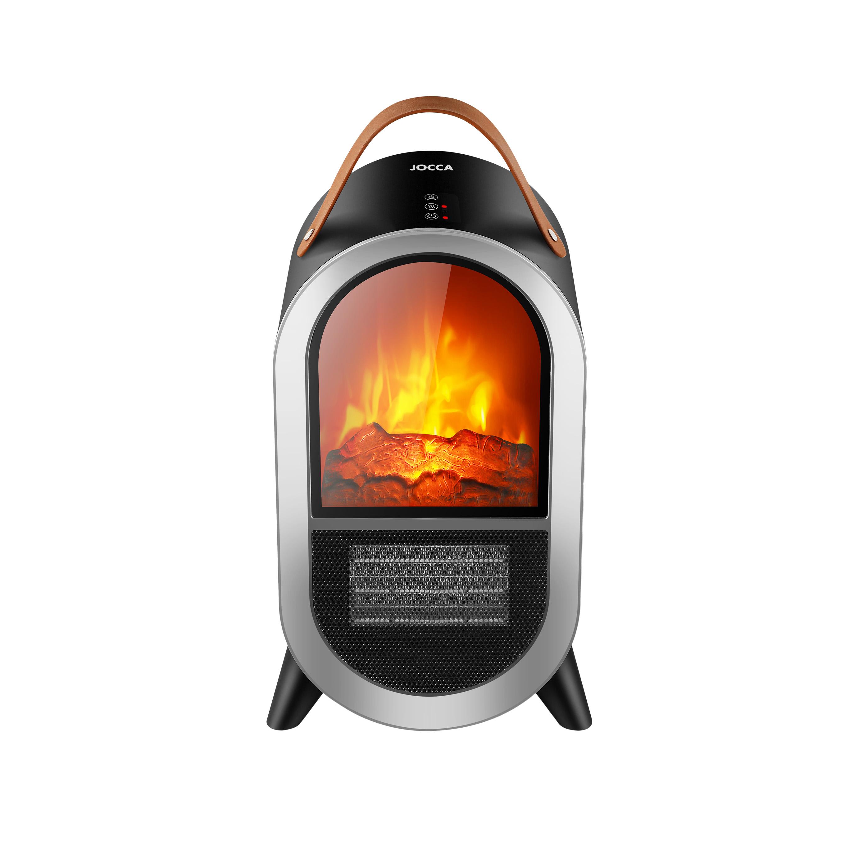 Calefactor cerámico Jocca con efecto chimenea realista con 1500W de potencia, 2 intensidades de calor, termostato regulable, tecnología PTC de bajo consumo, diseño compacto con asa, protección antivuelco y sobrecalentamiento. 20x14,5x34 cm