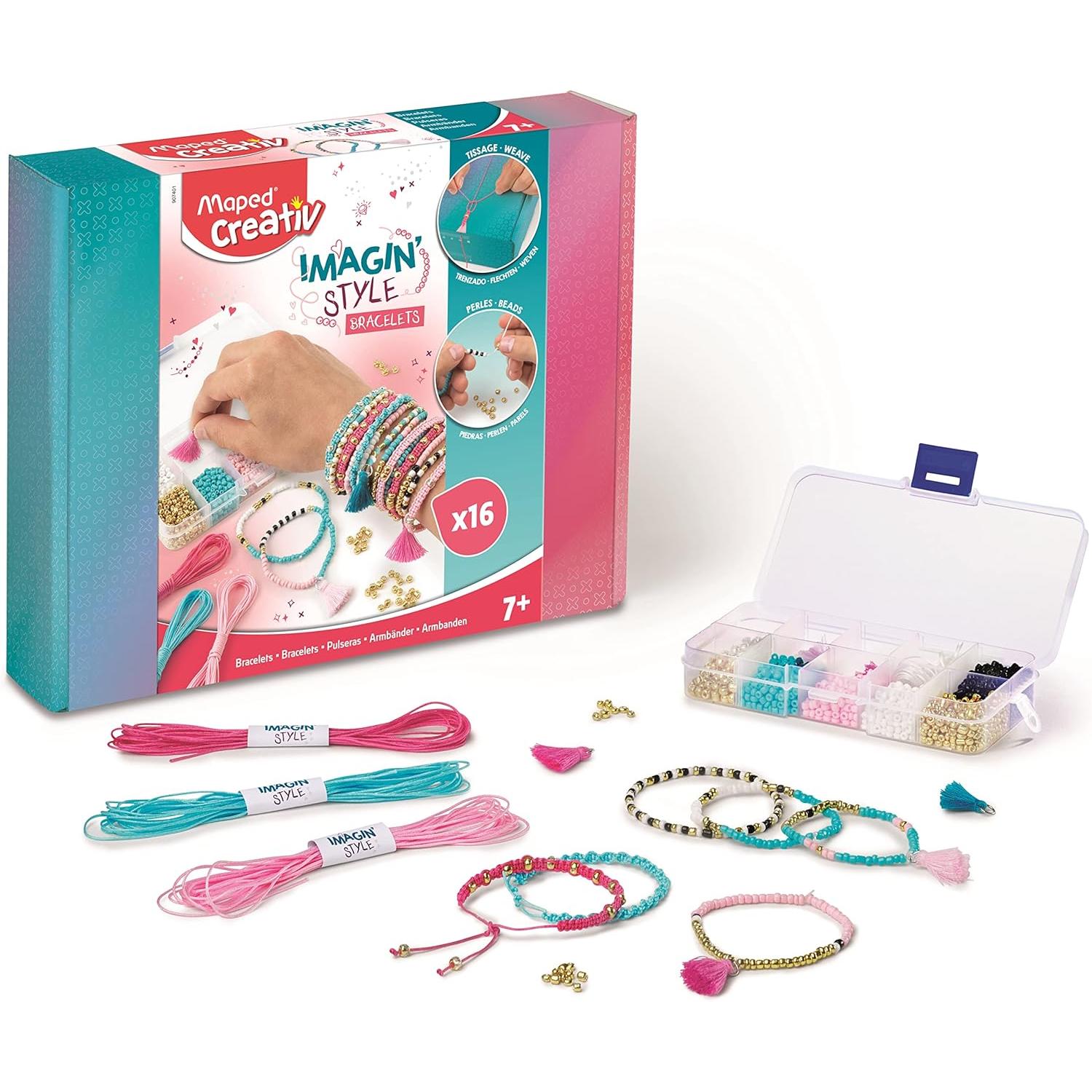 Set de Manualidades para Niños - Imagin Style Pulseras - A Partir de 7 Años - 2 Técnicas de Confección - Incluye 3 Hilos No Elásticos, 1 Hilo Elástico, Perlas, Pompones y 1 Caja
