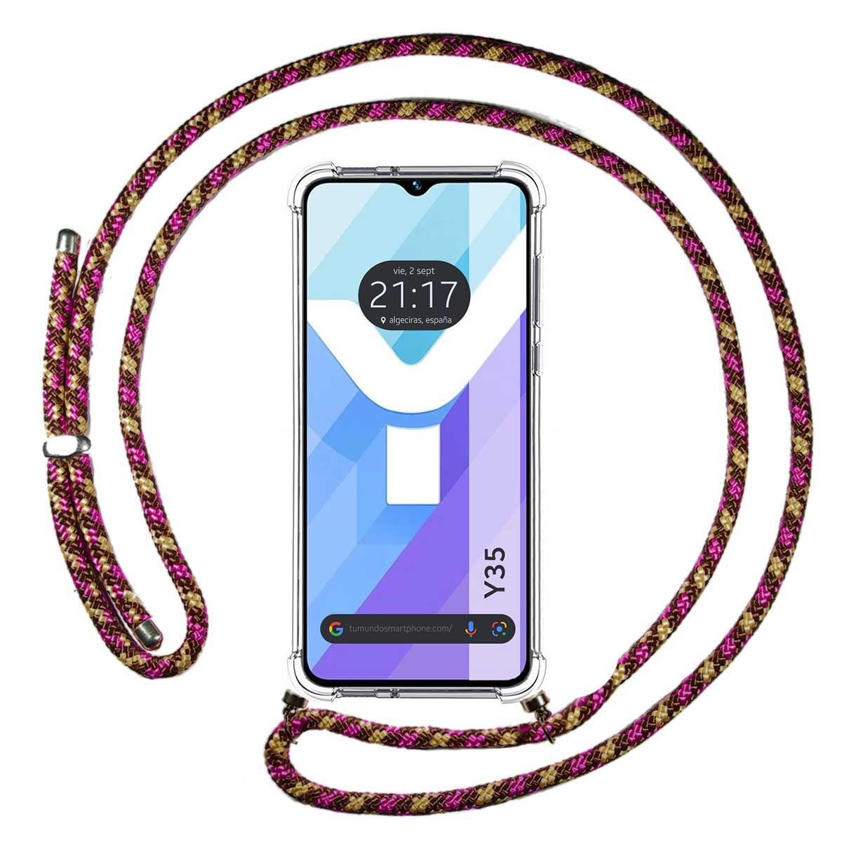Tumundosmartphone Funda Colgante Transparente para Vivo Y35 con Cordon Rosa / Dorado - Protección Antigolpes