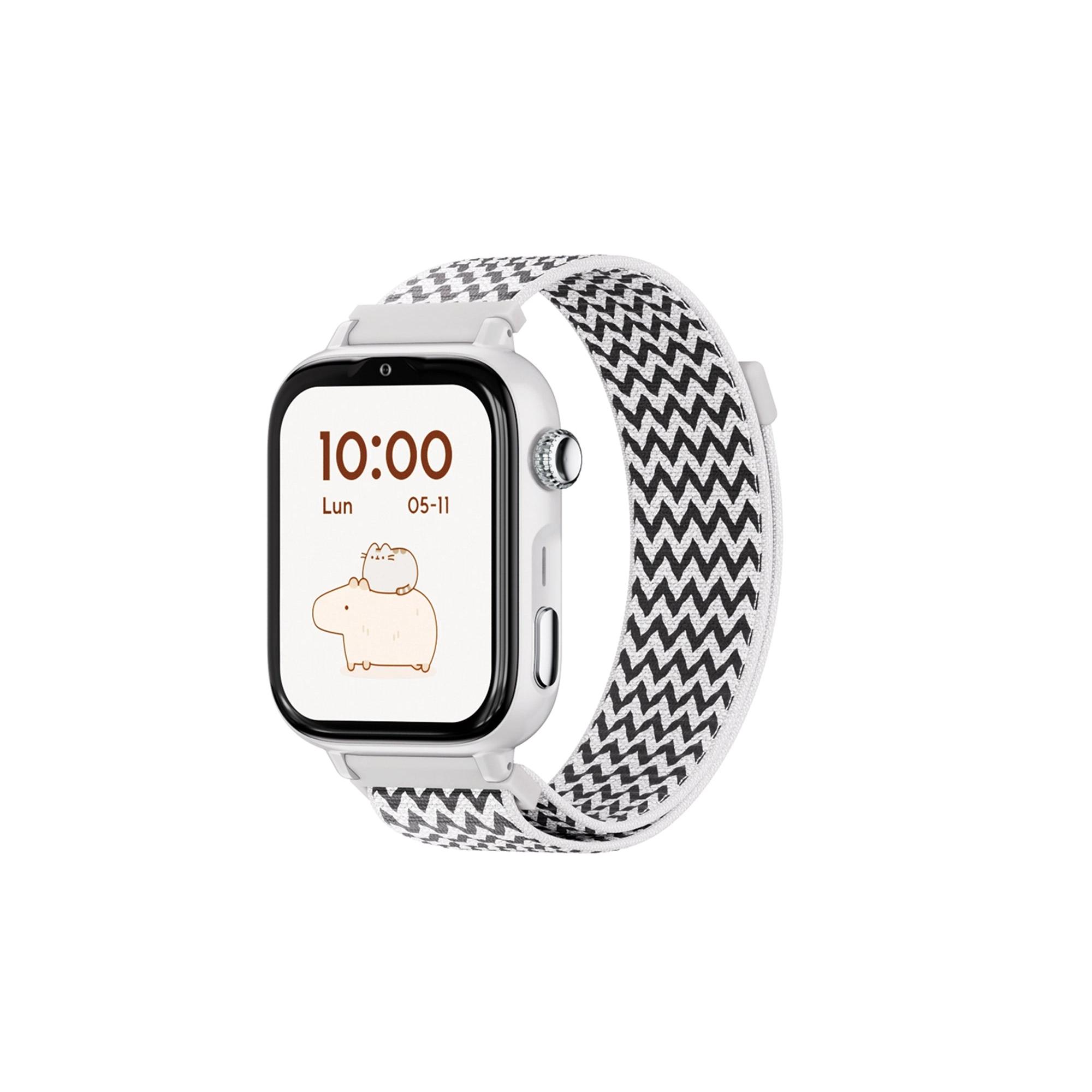 SaveFamily SaveWatch Plus 2 Reloj Inteligente Niño con Localizador GPS, Inteligencia Artificial, IA, Llamada, Vídeo, Whatsapp, Spotify, App Store Carcasa Blanca y Correa Tela Color Zig Zag SmartWatch Save Watch NO INCLUYE SIM