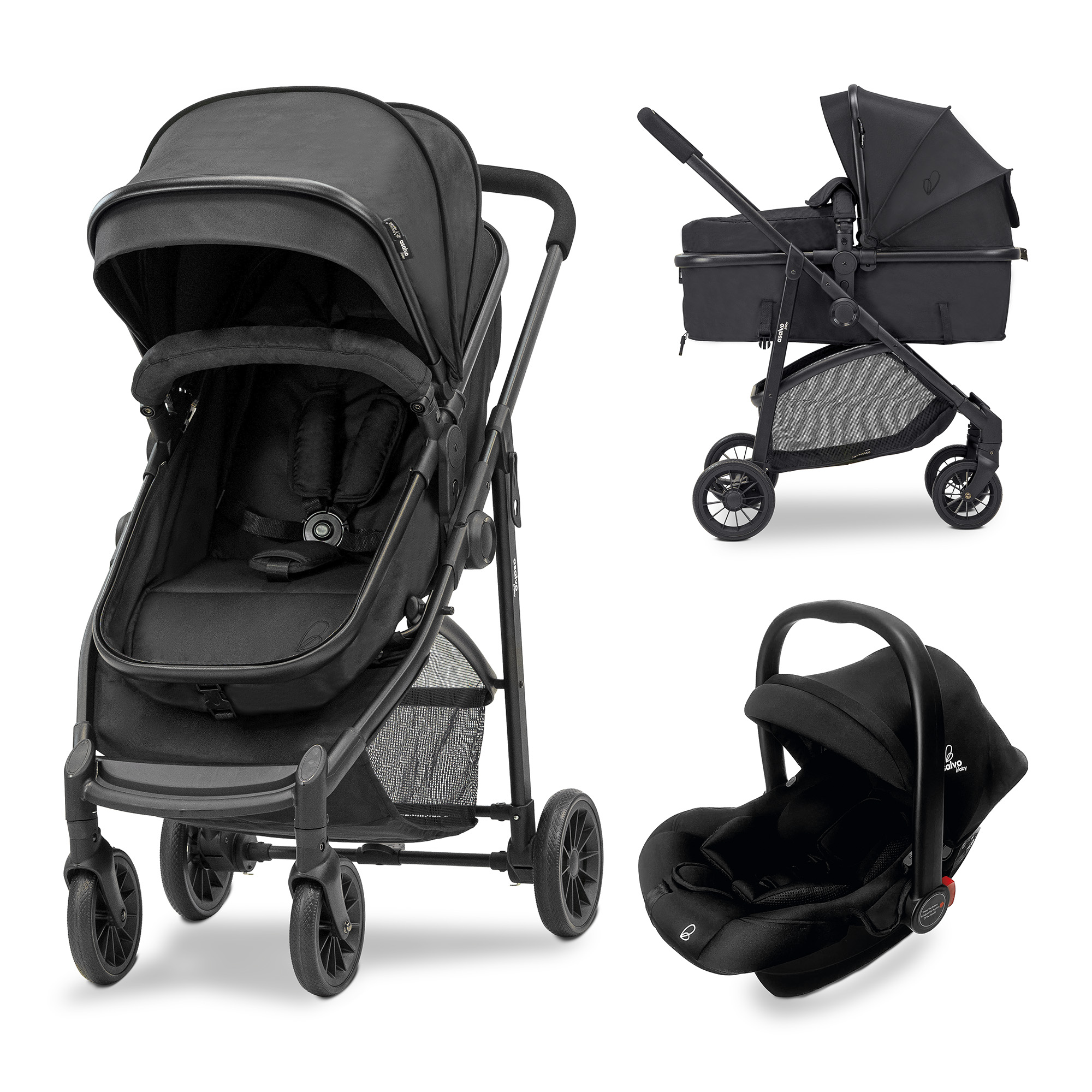 Asalvo Trío Convertible Biarritz 3 en 1 – Carrito de Bebé Evolutivo con Capazo, Silla de Paseo y Auto, Desde Recién Nacido hasta 22 kg, Plegado Fácil y Compacto
