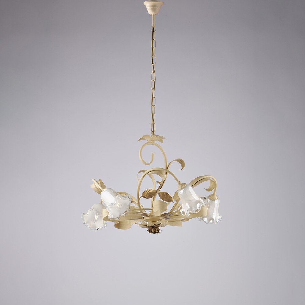 Araña Arte Pobrado cesta de Marfil y Gold 5 Luces E14