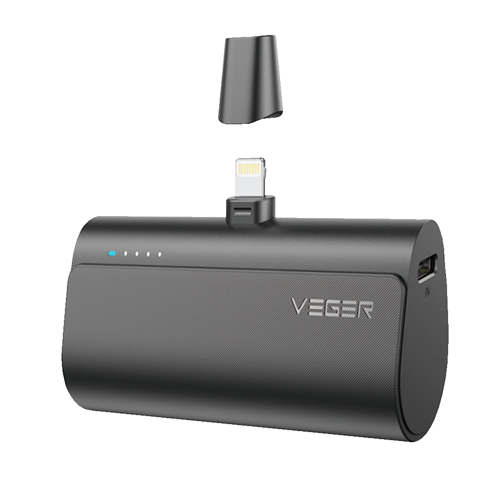 VEGER Mini Power bank con LEDs carga - Capacidad 5000mAh - Entrada USB-C - Salida Conector Lightning - Carga 1 dispositivo - Carga rápida PD20W