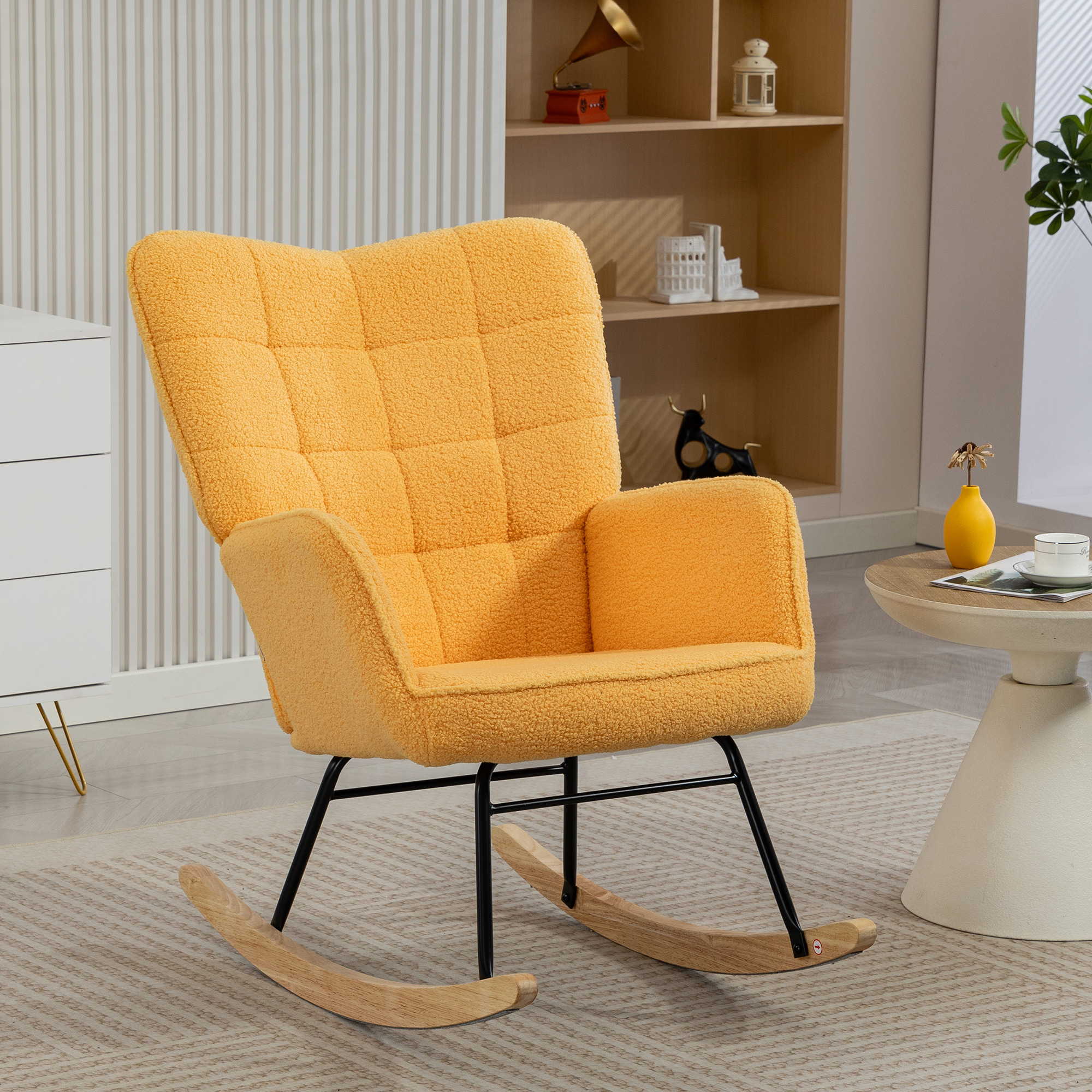 HOMCOM Silla Mecedora, Mecedora de Borreguito con Respaldo Alto, Patas de Madera de Haya, Reposabrazos, Estilo Moderno, Sillón de Lactancia, Carga 120 kg, para Dormitorio, Salón, Amarillo