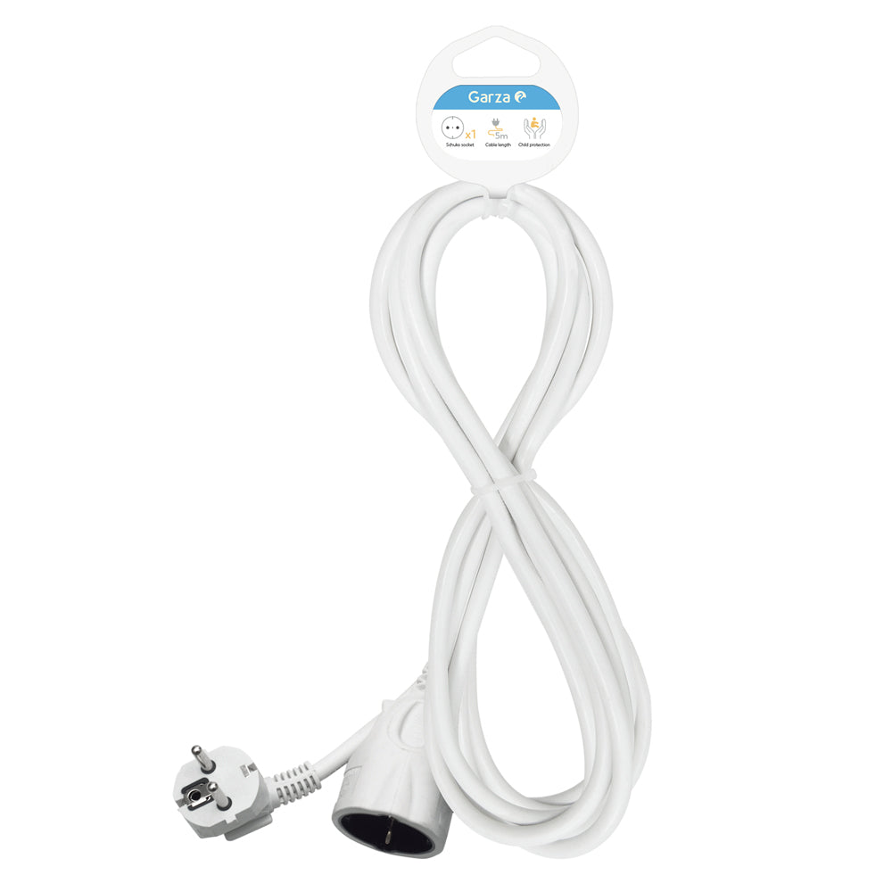 Garza - Cable alargador interior 5 m, con toma de tierra, 3680W/16A, cable1,5 mm², flexible y ligero, Blanco