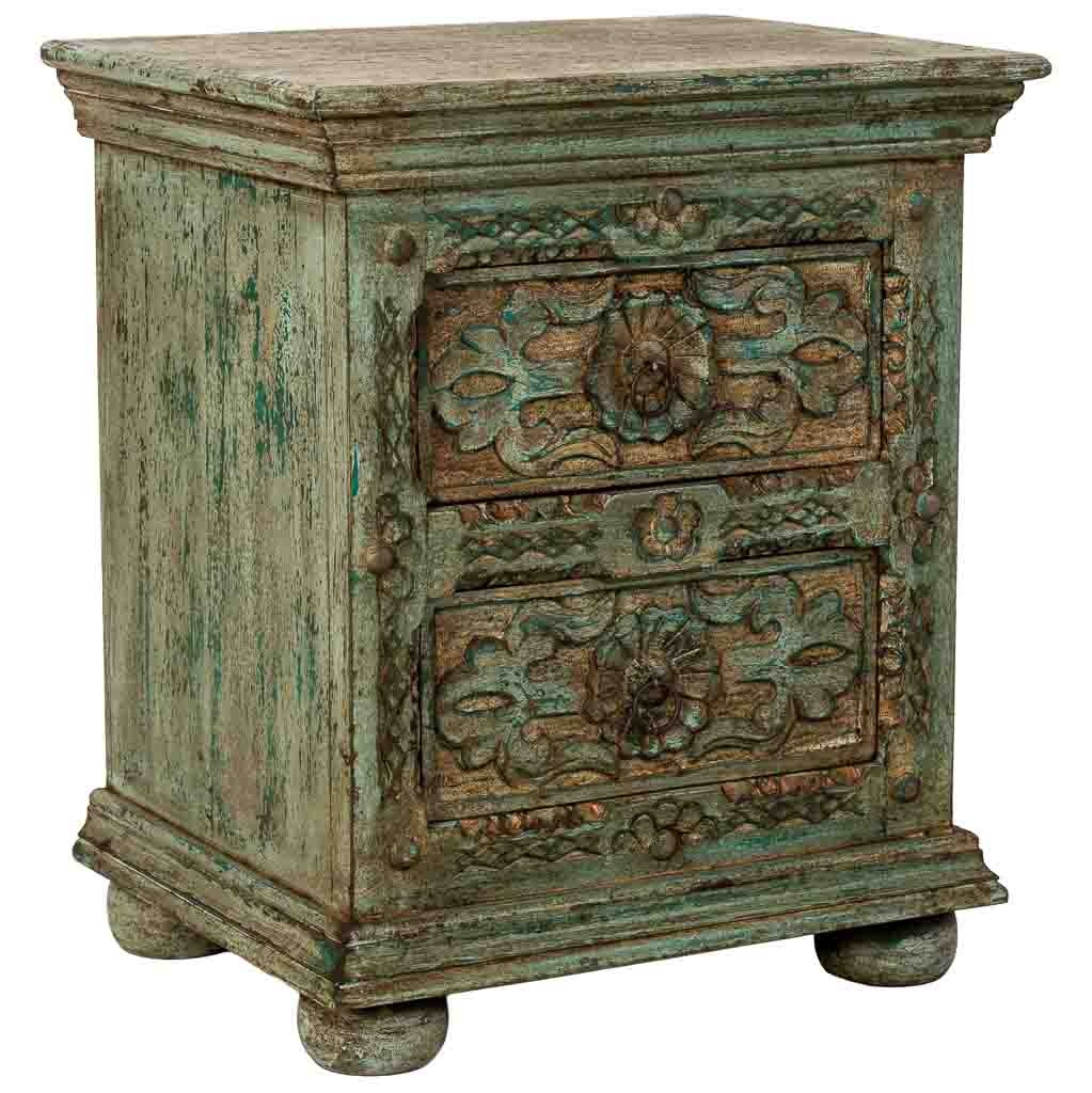 Wonderlust Deco - Mesita de noche de Madera artesanal azul con 2 cajones 50x40x60h cm Azul 50x40x60h cm