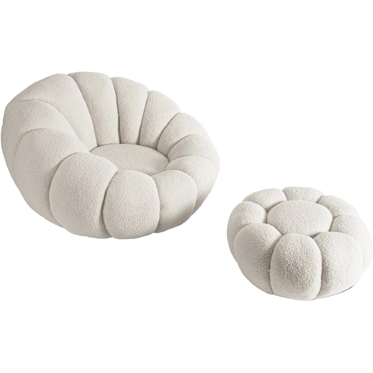Habitat y Jardin - Sillón "Élysée" estilo burbuja con puf en tejido bouclette - Crema