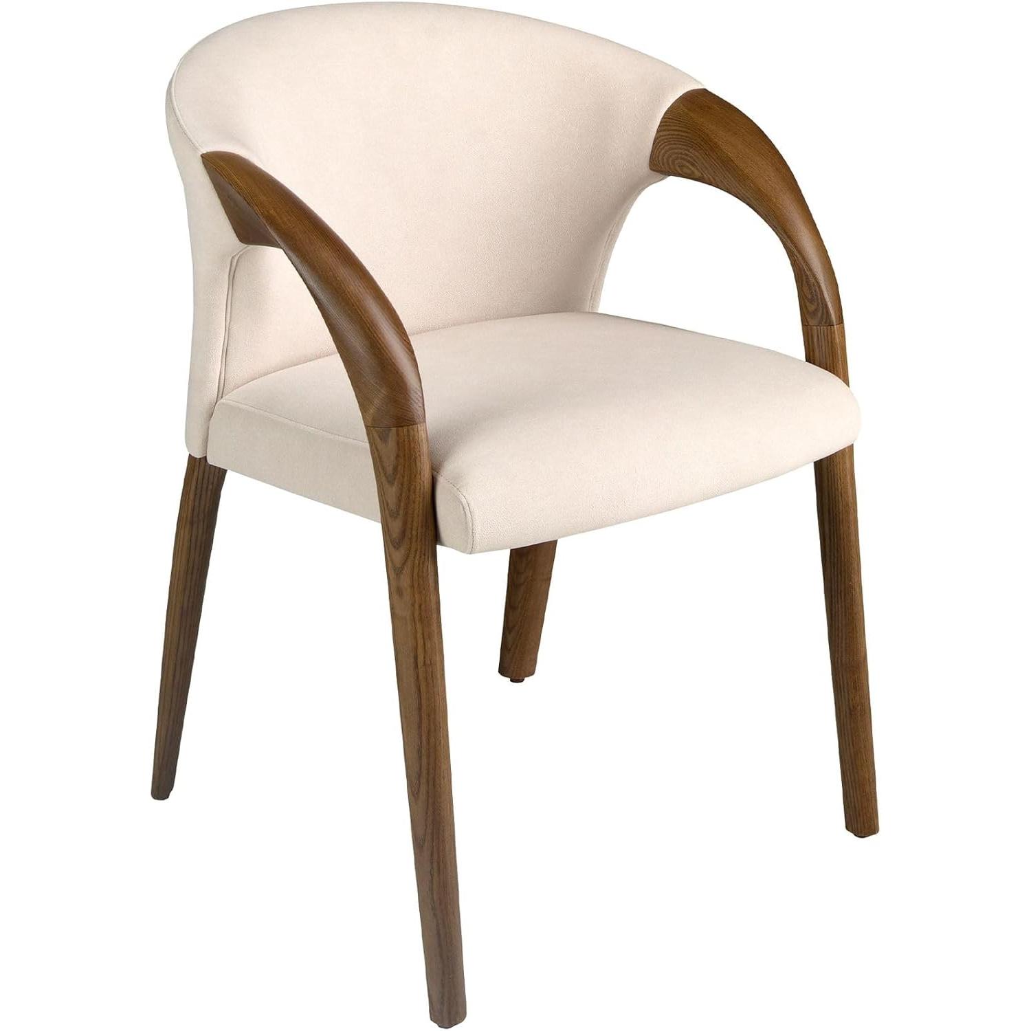 ANGEL CERDÁ - Silla de Comedor con Reposabrazos Tapizada en Terciopelo Crema y Patas de Madera Nogal - Silla de Diseño Moderno y Elegante para Cocina o Salón - 62 x 61 x 78 cm