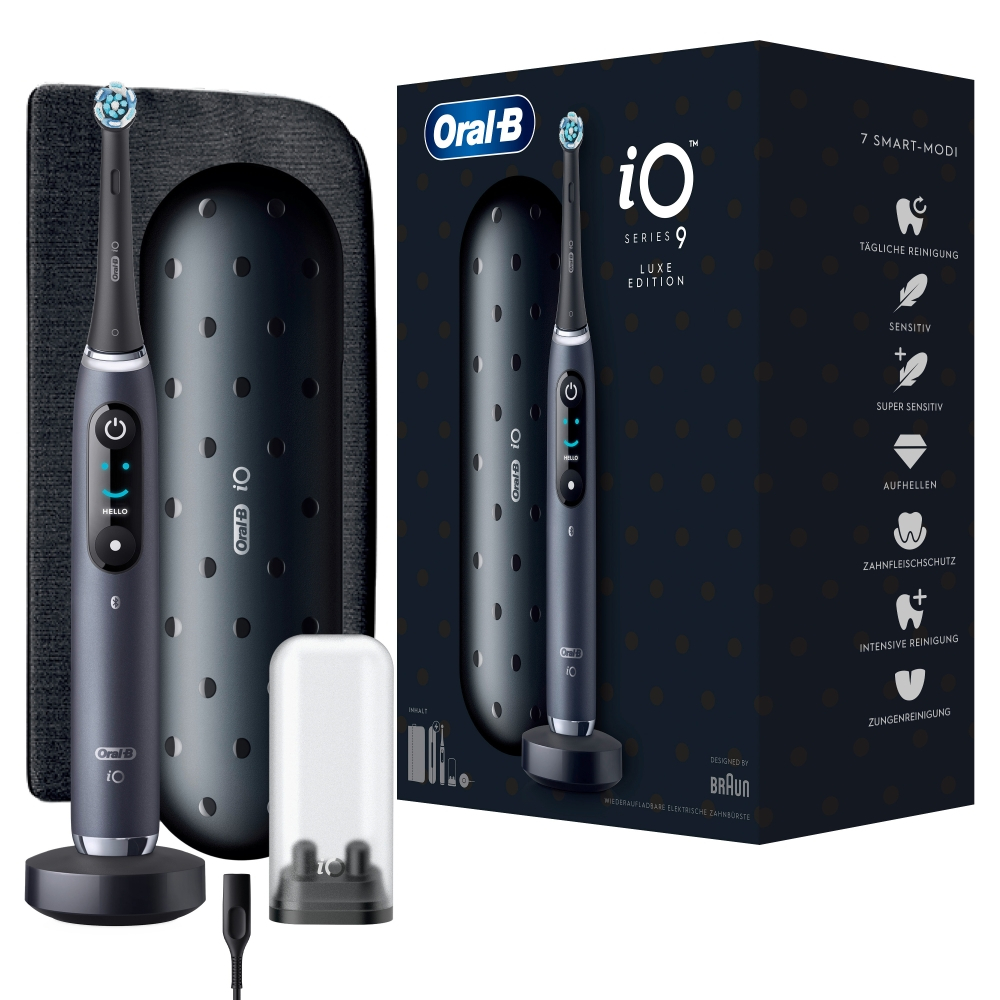 Oral-B iO Series 9 Luxe Edition Brosse à Dents Électrique Toothbrush 7 Modes de Nettoyage Dentaire, Technologie Magnétique & Analyse 3D, Écran Couleur, Étui de Transport & Sac de Beauté, Noir Onyx