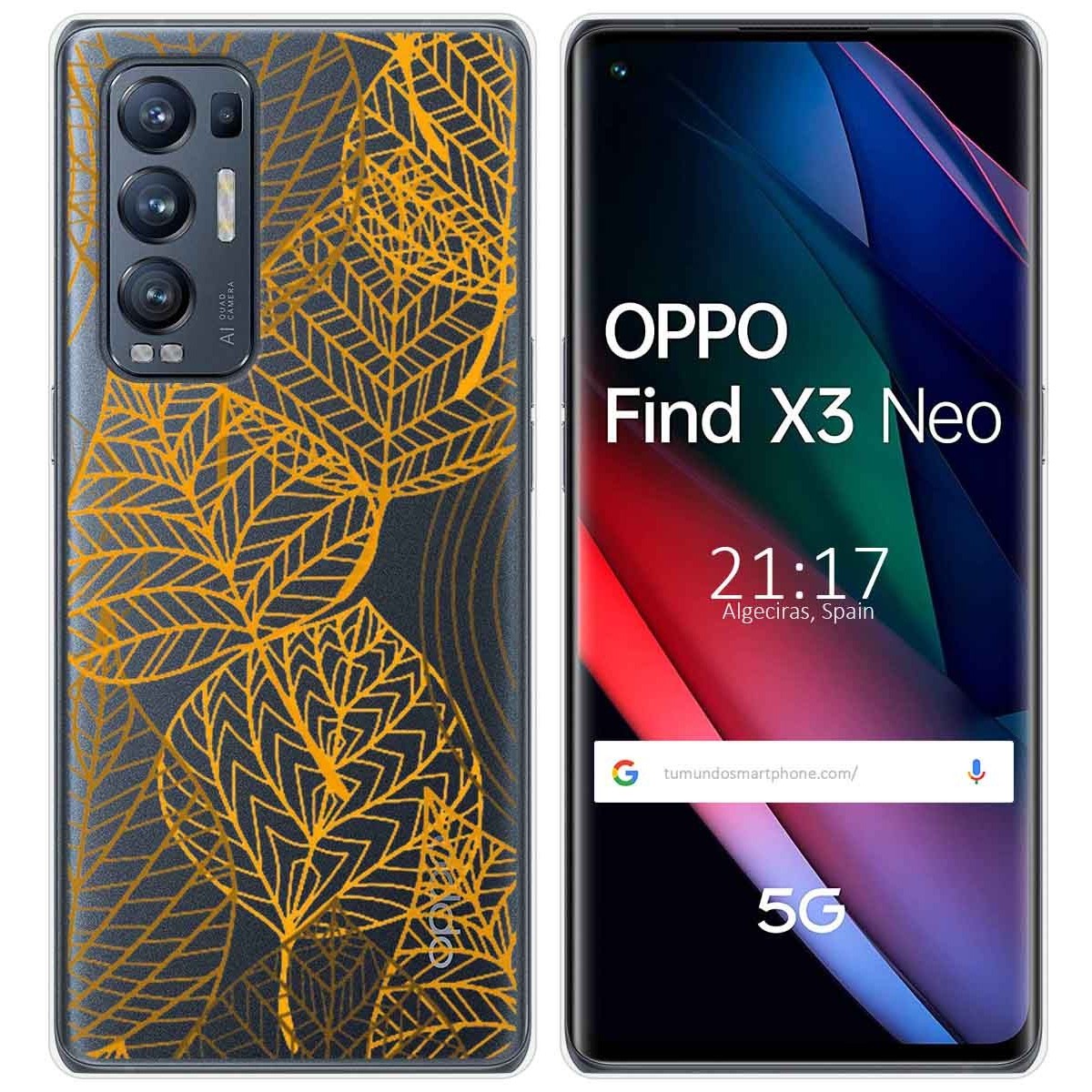 Tumundosmartphone Funda Gel Transparente para Oppo Find X3 Neo 5G diseño Hojas Dibujos