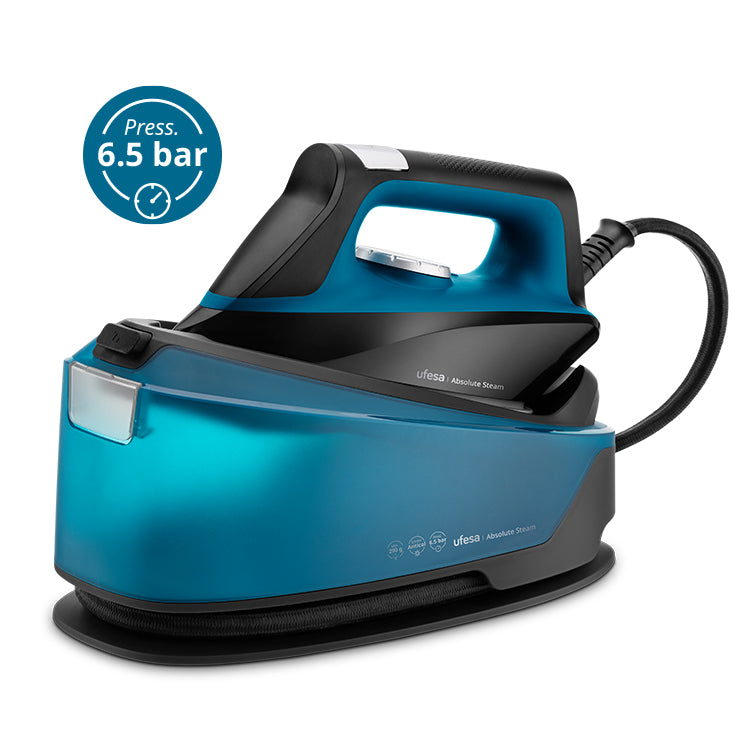 Ufesa - Centro de planchado Absolute Steam con 2400W y 6.5 bares de presión para planchado vertical y horizontal, golpe de vapor 290g/min y depósito de 1.2L, sistema antical y suela cerámica