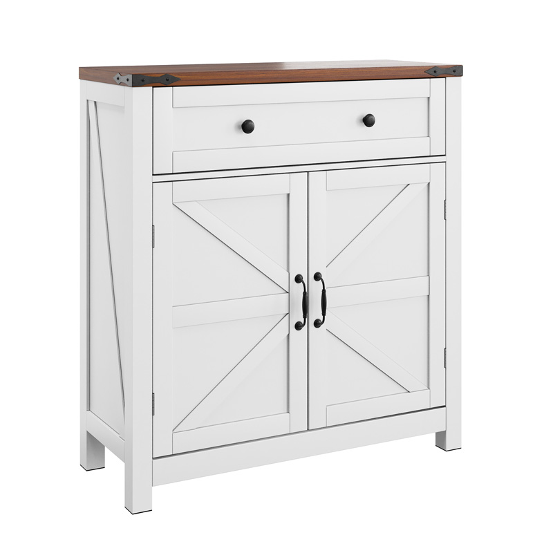 Buffet blanc style ferme 76 cm avec plateau effet noyer, tiroir, deux portes et étagère réglable