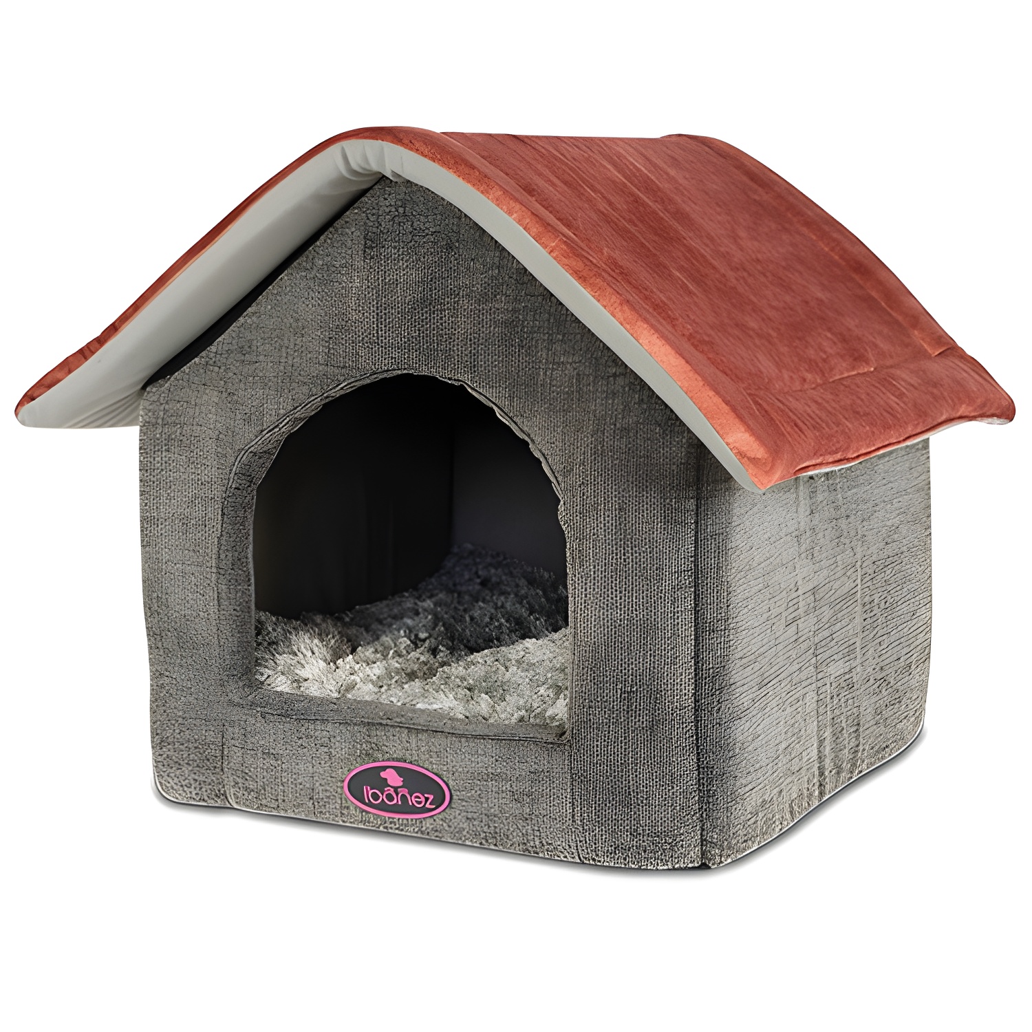 Cama Casita Ibañez Tejas Rojas para Perros y Gatos con Tejado Desmontable y Cojín Reversible