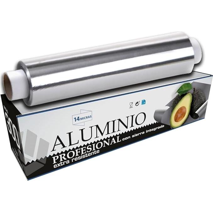 Papel Aluminio Industrial 14 MY, Resistente y Duradero, con sierra integrada Ideal para Envolver, Asar, Conservar, 30CM X 1KG