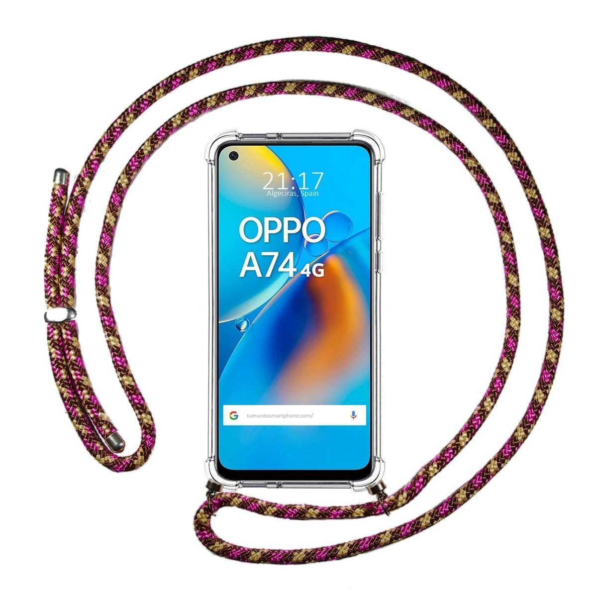 Funda Colgante Transparente para Oppo A74 4G con Cordon Rosa / Dorado