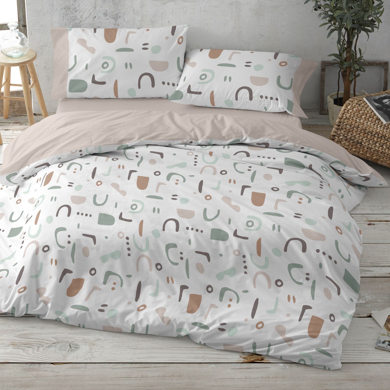 Juego Funda Nórdica Geométrica Burrito Blanco | 50% Algodón | Diseño Nórdico Moderno | No Hace Bolas | Todas las Medidas