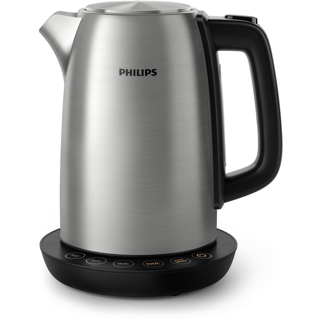 Philips Hervidor de Agua 1.7L - Control Temp, Conservación Calor, Tapa Resorte, Indicador Luminoso, Acero Inox, Base Giro