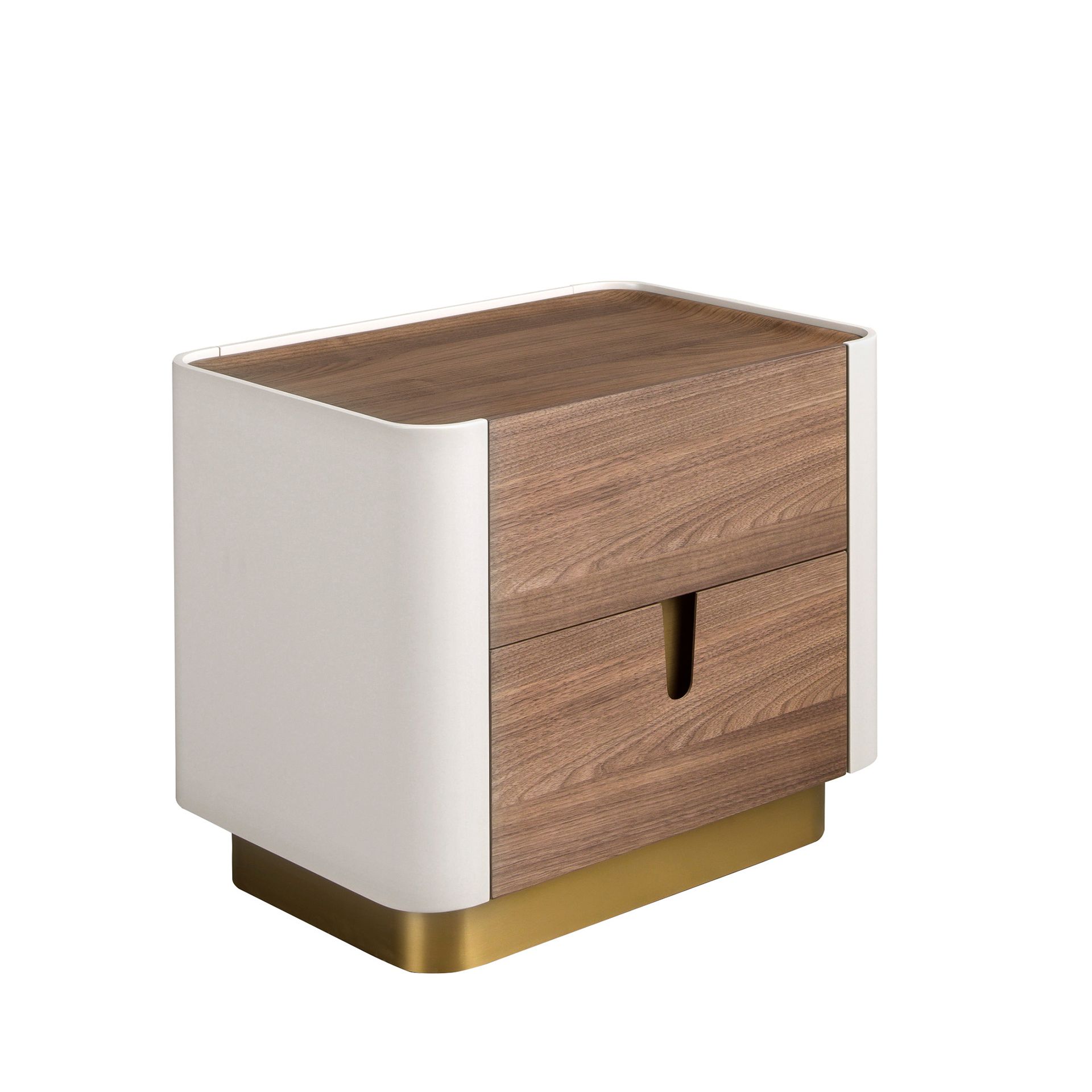 Ángel Cerdá - Mesita de Noche 7187 Nogal Beige + 2 Cajones con Apertura Push + Acero Pulido Dorado + Diseño Moderno y Funcional + 60x42x50 cm + MDF y Chapa de Nogal