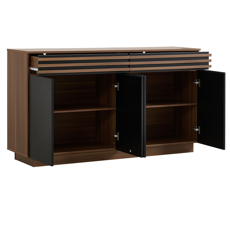 Buffet moderne effet bois brun et noir avec quatre portes et deux tiroirs