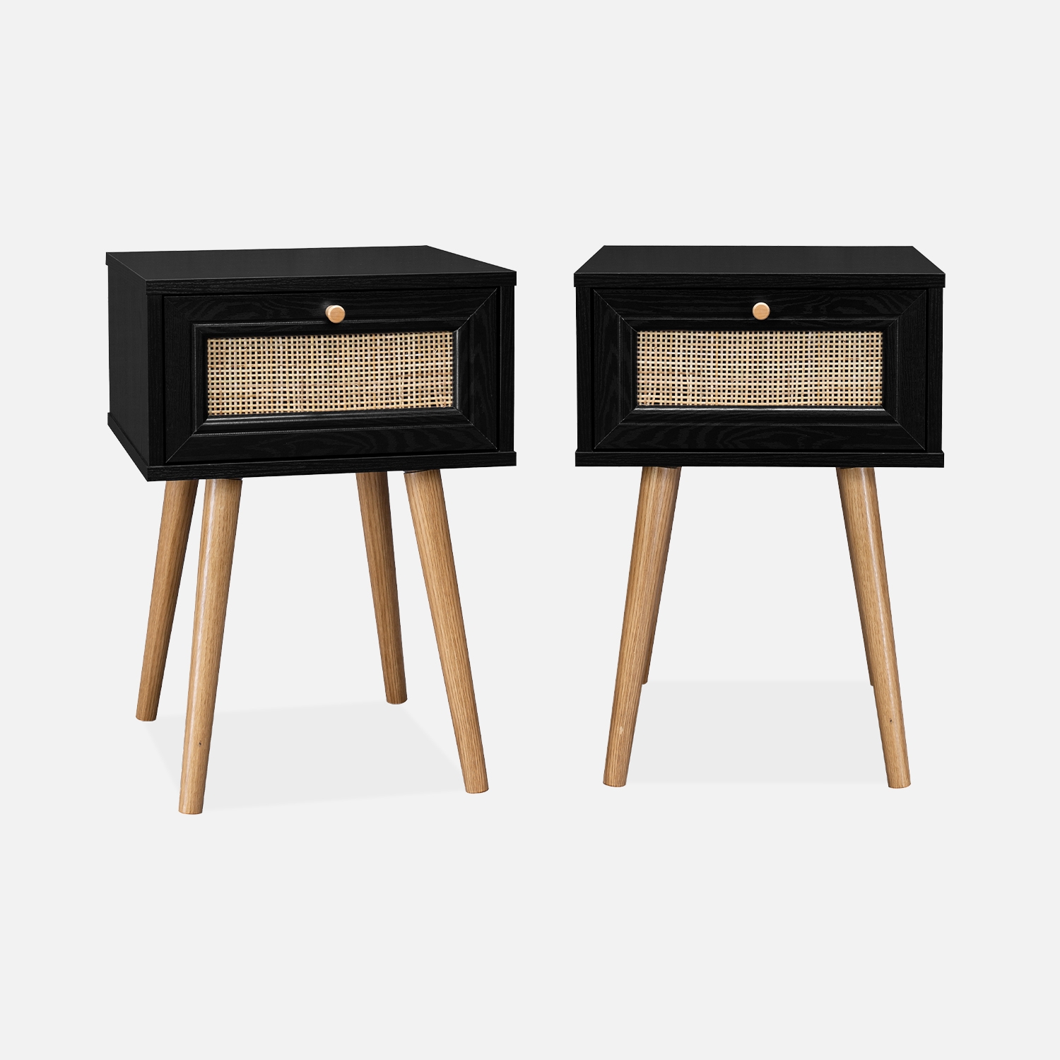 sweeek - Mesita de noche de 1 cajón con efecto madera y caña, set de 2 , Boheme , 39x39x55