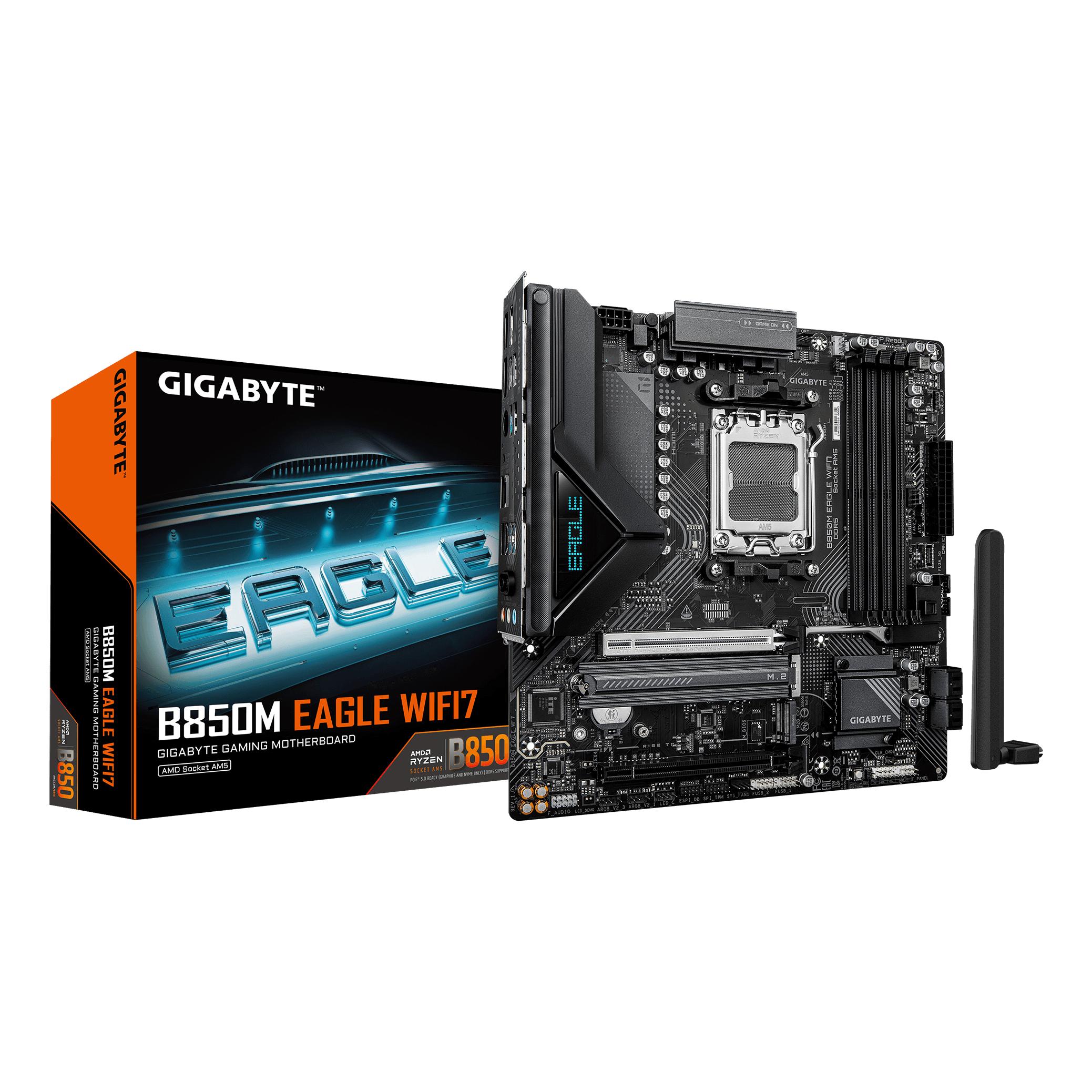 GIGABYTE B850M EAGLE WIFI7 Placa Base – CPUs AMD Ryzen Serie 9000, VRM digital de 8+2+2 fases, hasta 8200 MHz DDR5 (O.C.), 1× M.2 PCIe 5.0 + 1× M.2 PCIe 4.0, Wi-Fi 7, LAN 2.5 GbE, USB 3.2 Gen 2