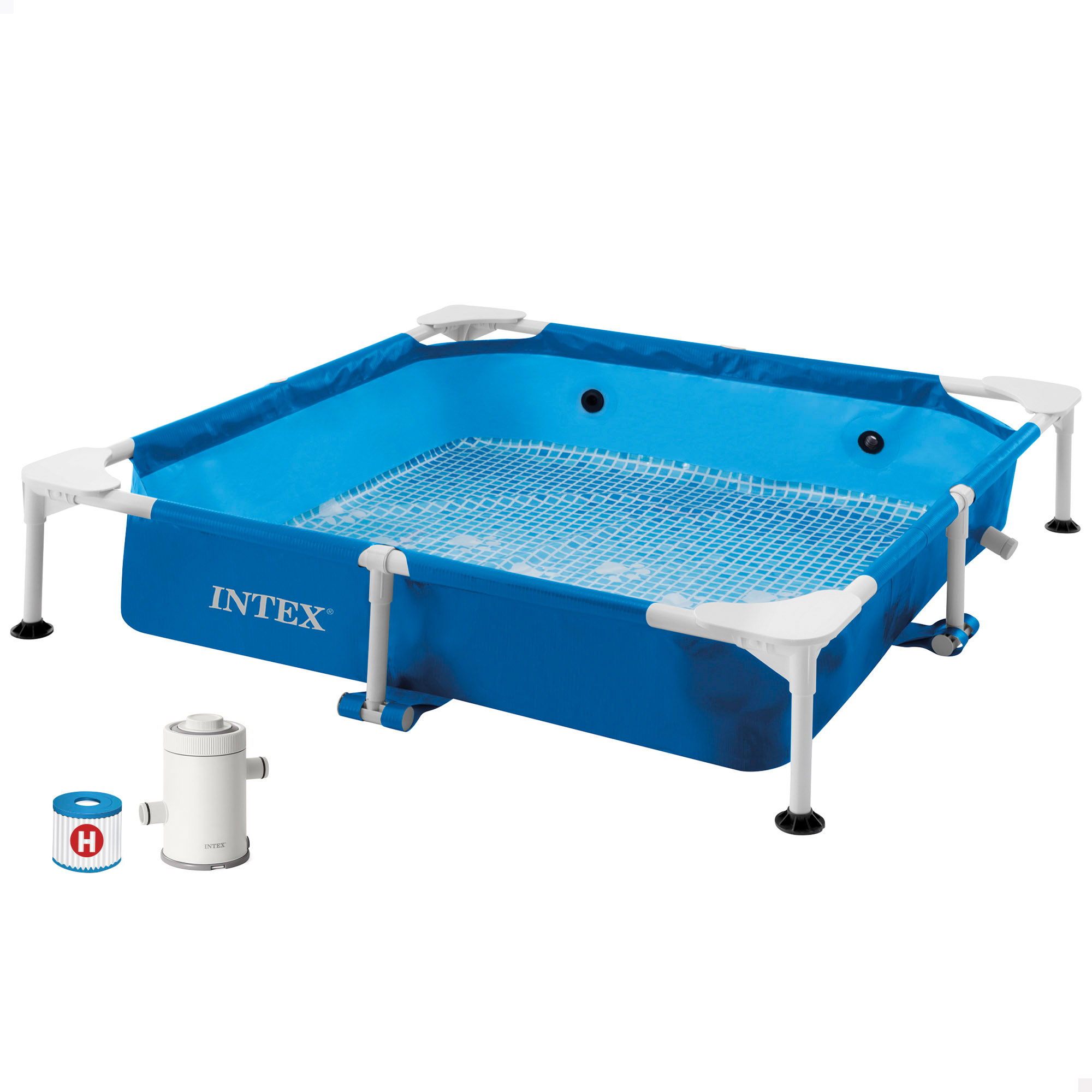 INTEX - Piscina desmontable cuadrada para mascotas, 152x152x30 cm, depuradora incluida, filtro tipo H, skimmer, cobertor, materiales resistentes, piscina perros, piscinas desmontables, montaje sencillo y rápido