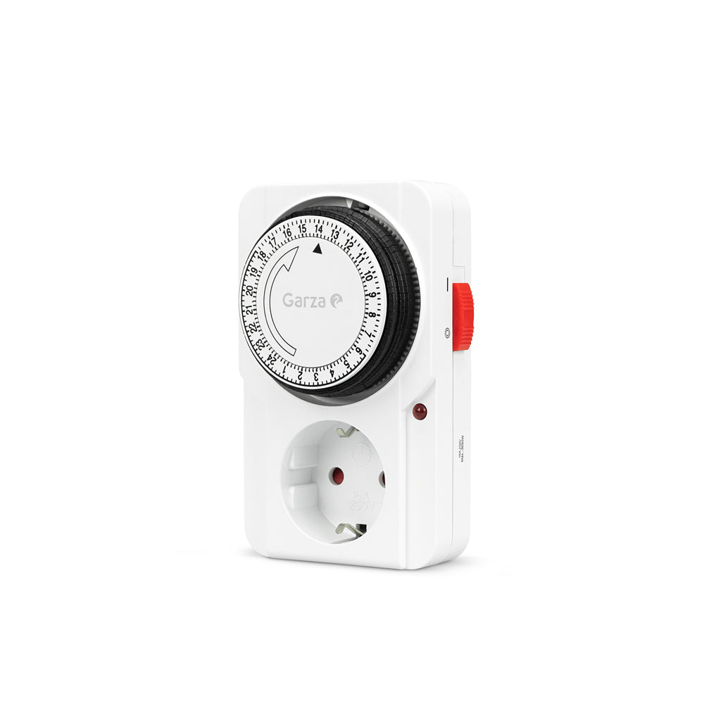 Garza - Enchufe temporizador analógico diario interior, programador 24 horas con intervalos de 15 minutos, ahorro de energía, protección infantil, diseño compacto, garantía 2 años