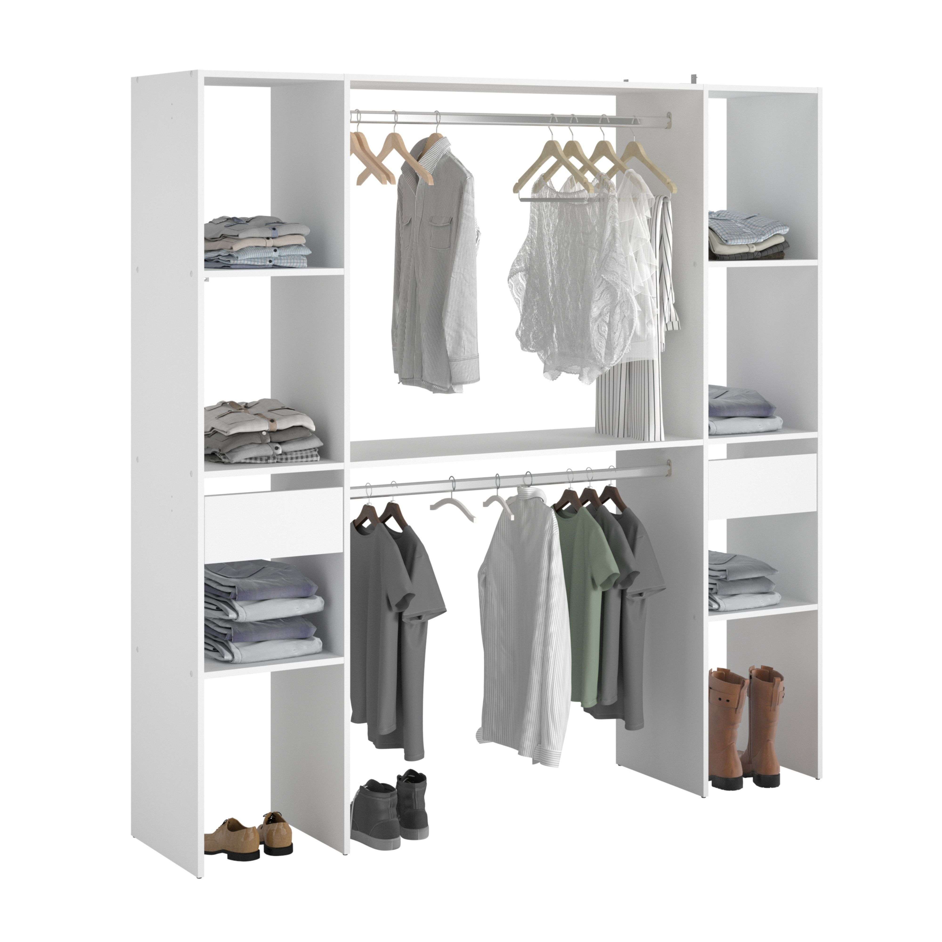 Miroytengo Vestidor Modular Abierto Custom para Dormitorio en Color Blanco Incluye  Modulo C con 6 Estantes, 2 Cajones y 2 Barra 176x180 cm