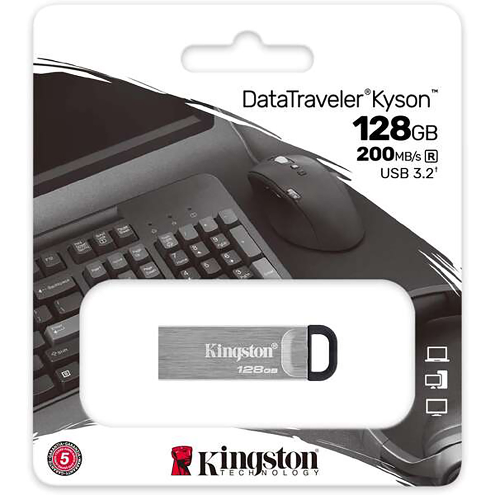 Kingston DataTraveler Kyson Memoria USB 128GB - 3.2 Gen 1 - 200 MB/s en Lectura - Diseño Metalico - Color Plata (Pendrive)