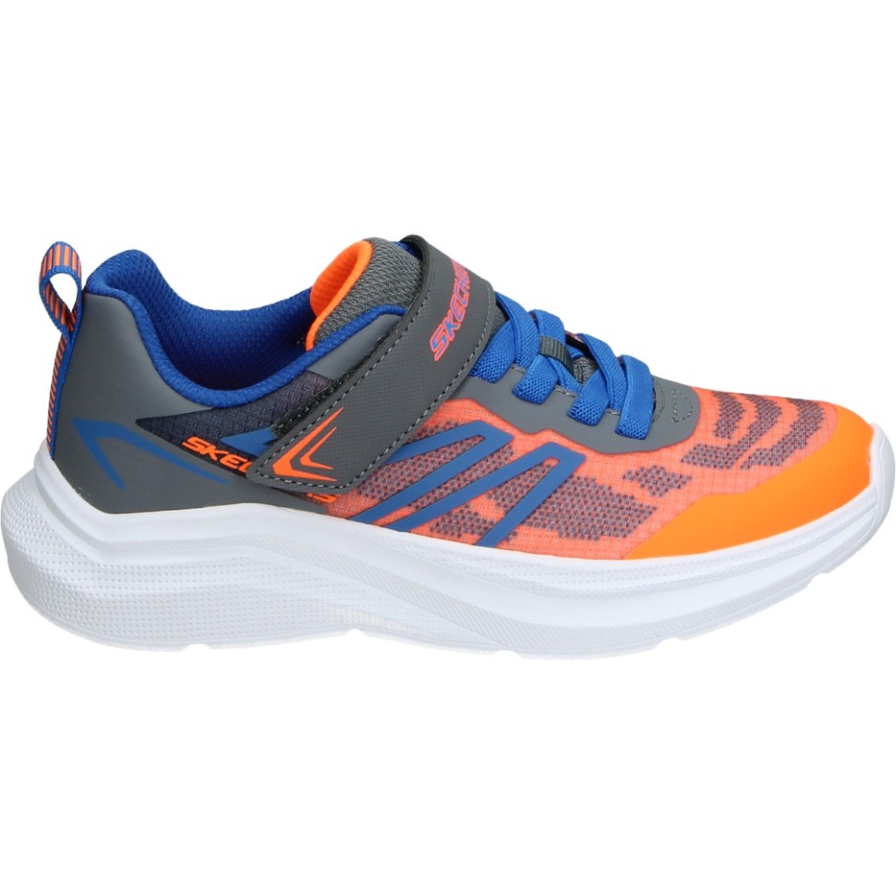 SKECHERS | Deportiva Skechers Infantiles – Zapatillas Azules y Naranjas con Suela Blanca – Sneakers con Cordones y Velcro – Cierre Adaptado – Apto para Lavadora – Plantilla con Amortiguación – Modelo 404125L-ORCC