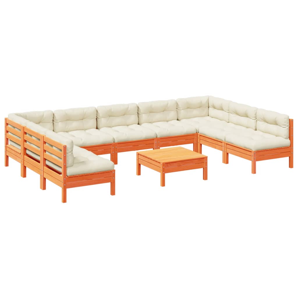 vidaXL Juego sofás jardín 10 pzas con conjines madera pino marrón cera