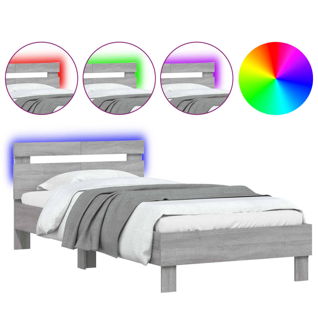 vidaXL Estructura de cama cabecero luces LED gris Sonoma 100x200 cm