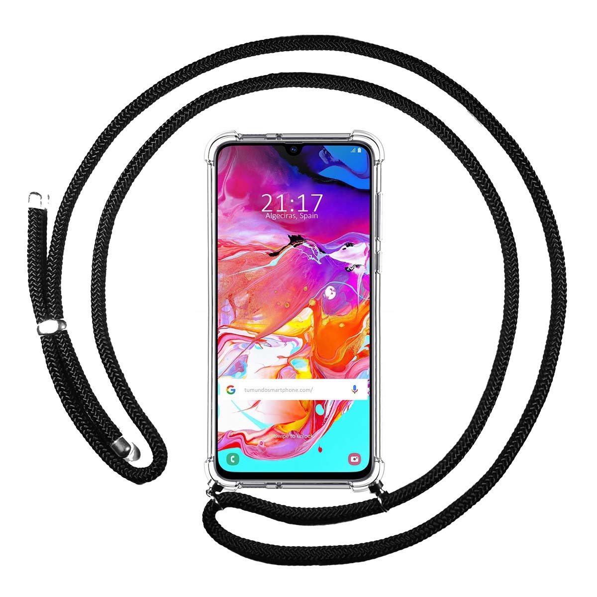 Tumundosmartphone Funda Colgante Transparente para Samsung Galaxy A70 con Cordon Negro