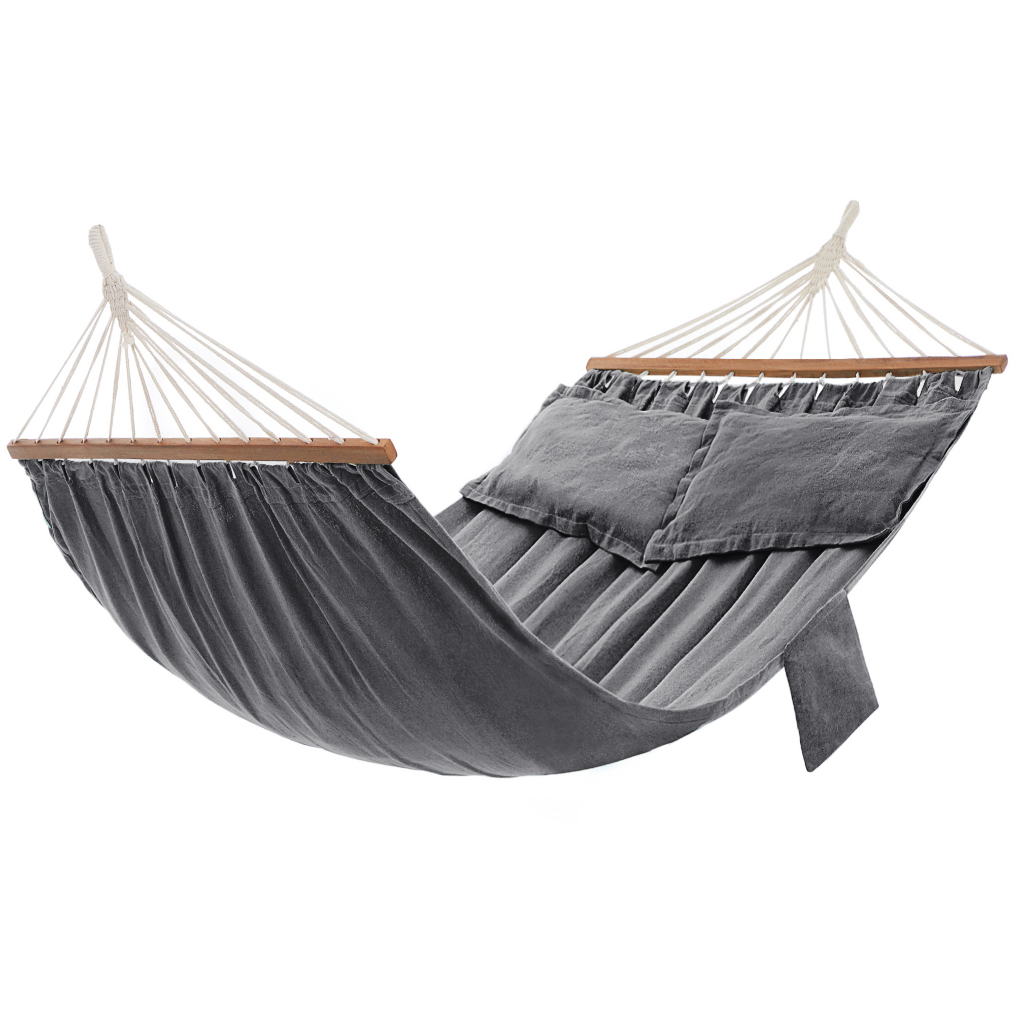 SONGMICS Hamaca, Hamaca de exterior, Cama columpio, 2 barras de madera, con 2 almohadas, Capacidad de Carga 300 kg, 210 x 150 cm, Gris