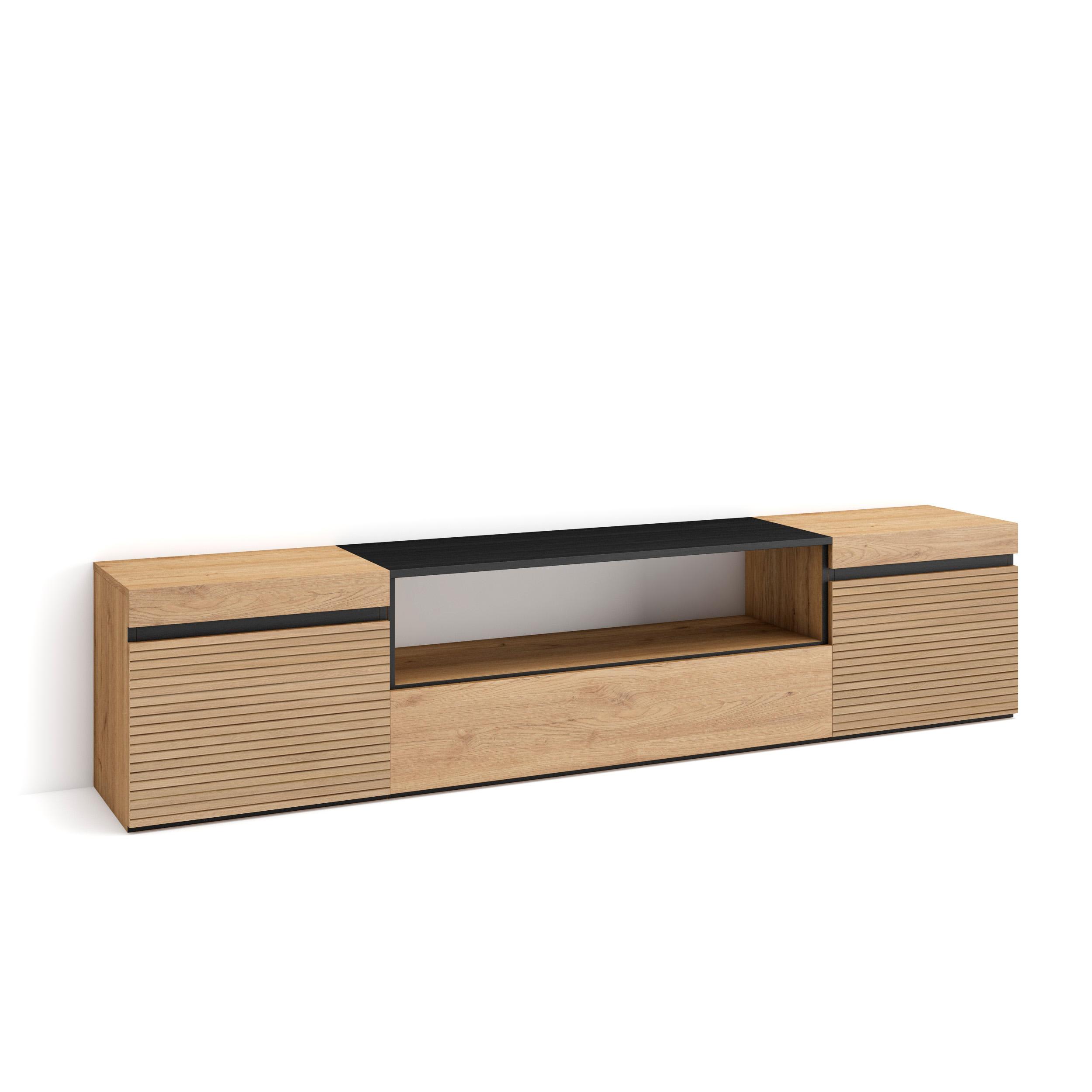 Skraut Home, Mueble TV, Televisión, Muebles de salón, almacenaje, 200x35x45cm, Para TV hasta 80", Con almacenamiento, Estilo Moderno, color Roble