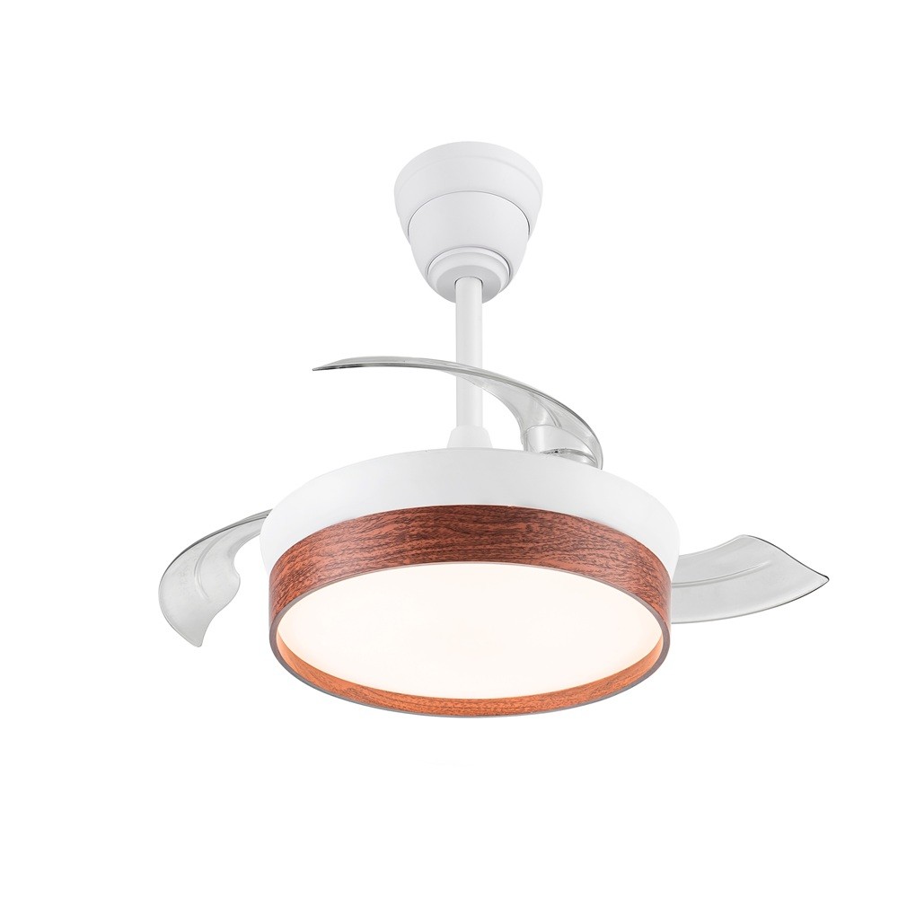 Ventilador de techo modelo SECUOYA blanco/madera motor DC 6 velocidades Tecnología Led 45W sistema CCT 4400 Lúmenes, Control remoto con temporizador, luz regulable en color e intensidad, Memoria motor inverter verano/invierno ultra silencioso
