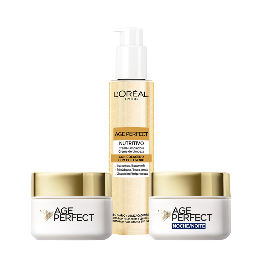 L'Oréal Paris | Rutina Age Perfect Colágeno Expert Anti-Flacidez Con Péptido de Micro-Colágeno con crema de día 50ml, crema de noche 50ml y limpiador facial 150ml.