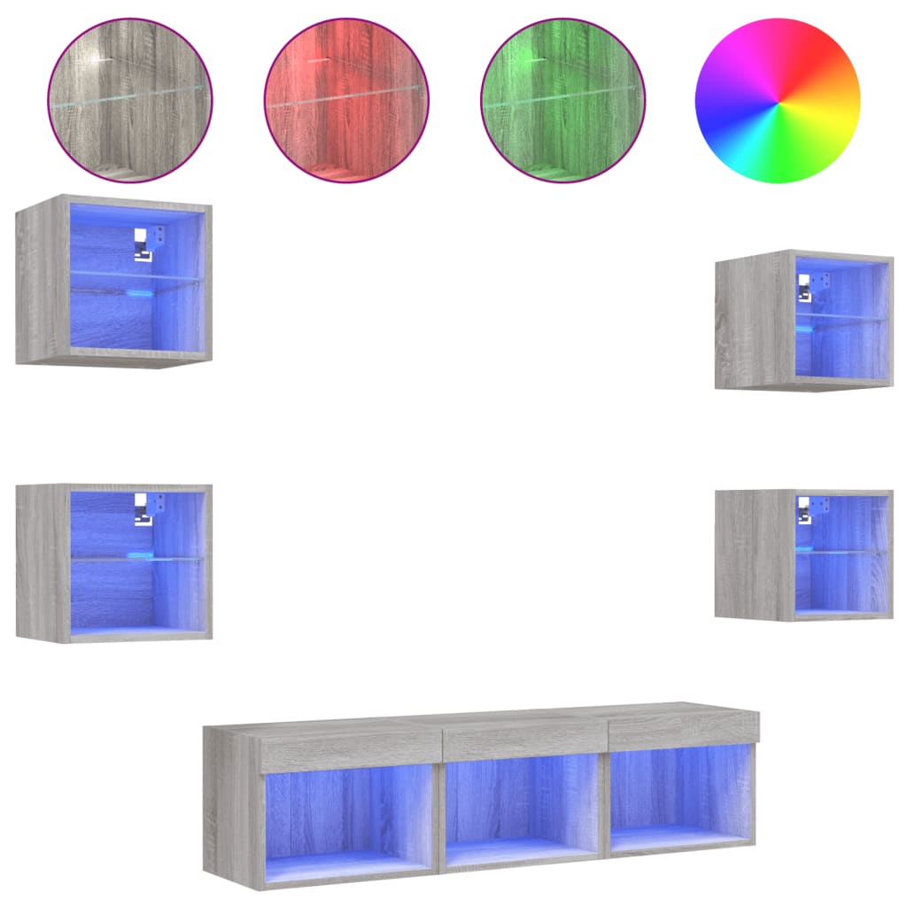 vidaXL Muebles TV pared con LED 7 pzas madera ingeniería gris Sonoma