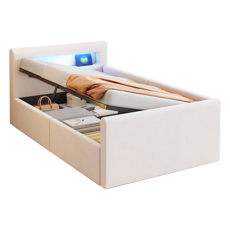 Lit enfant rembourré beige 90 x 200 cm en velours avec LED, veilleuse, port USB, rangement hydraulique et dossier latéral