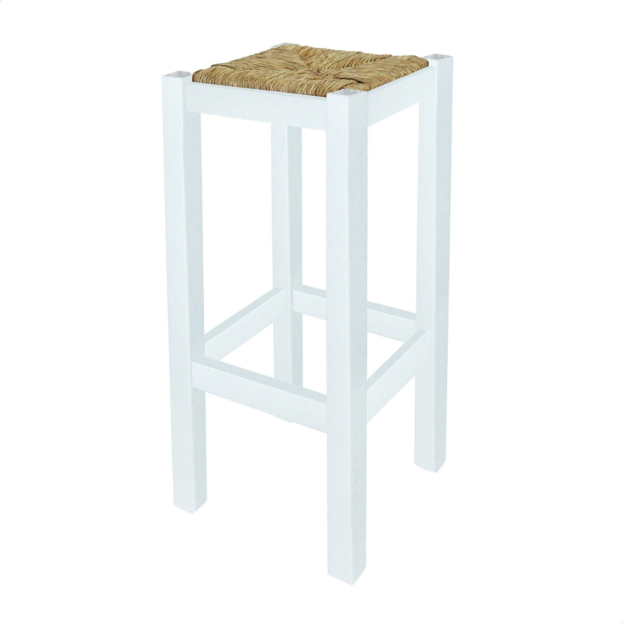 Wellhome Banqueta Rústica Cuadrada Alta en Madera de Pino con Asiento de Paja - Blanco - 32,5x32,5x70 Cm