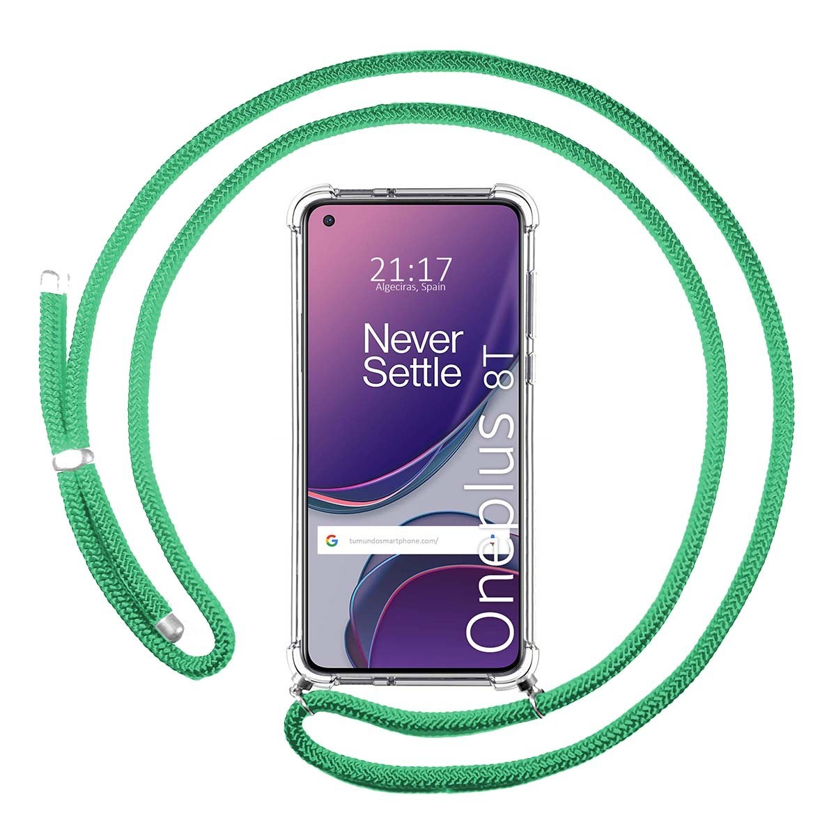 Tumundosmartphone Funda Colgante Transparente para OnePlus 8T 5G con Cordon Verde Agua