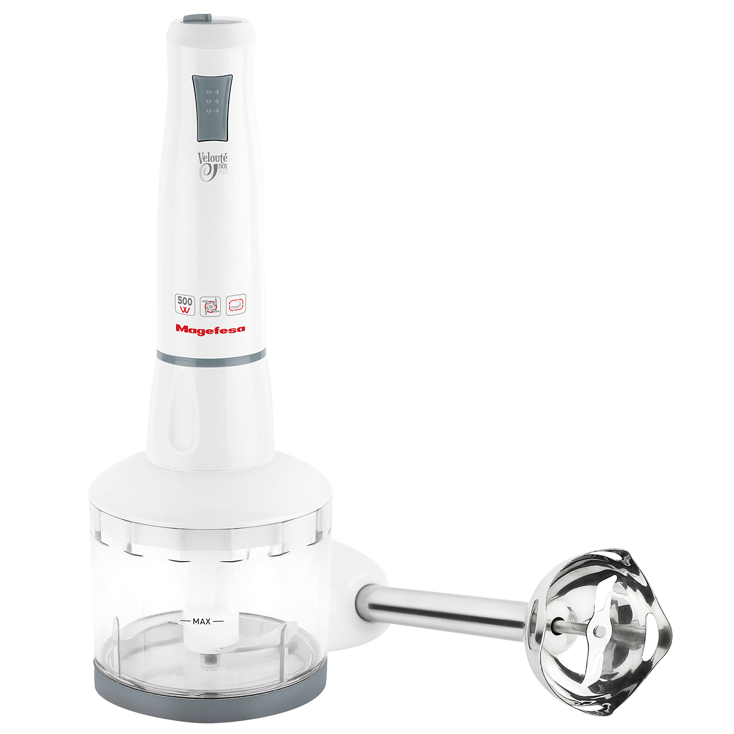 MAGEFESA ® Velouté Inox Plus batidora de mano con potencia de 500 W, incluye vaso medidor de 700 ml y picadora, cuchillas de acero inoxidable, regulador de potencia, mango ergonómico, fácil limpieza