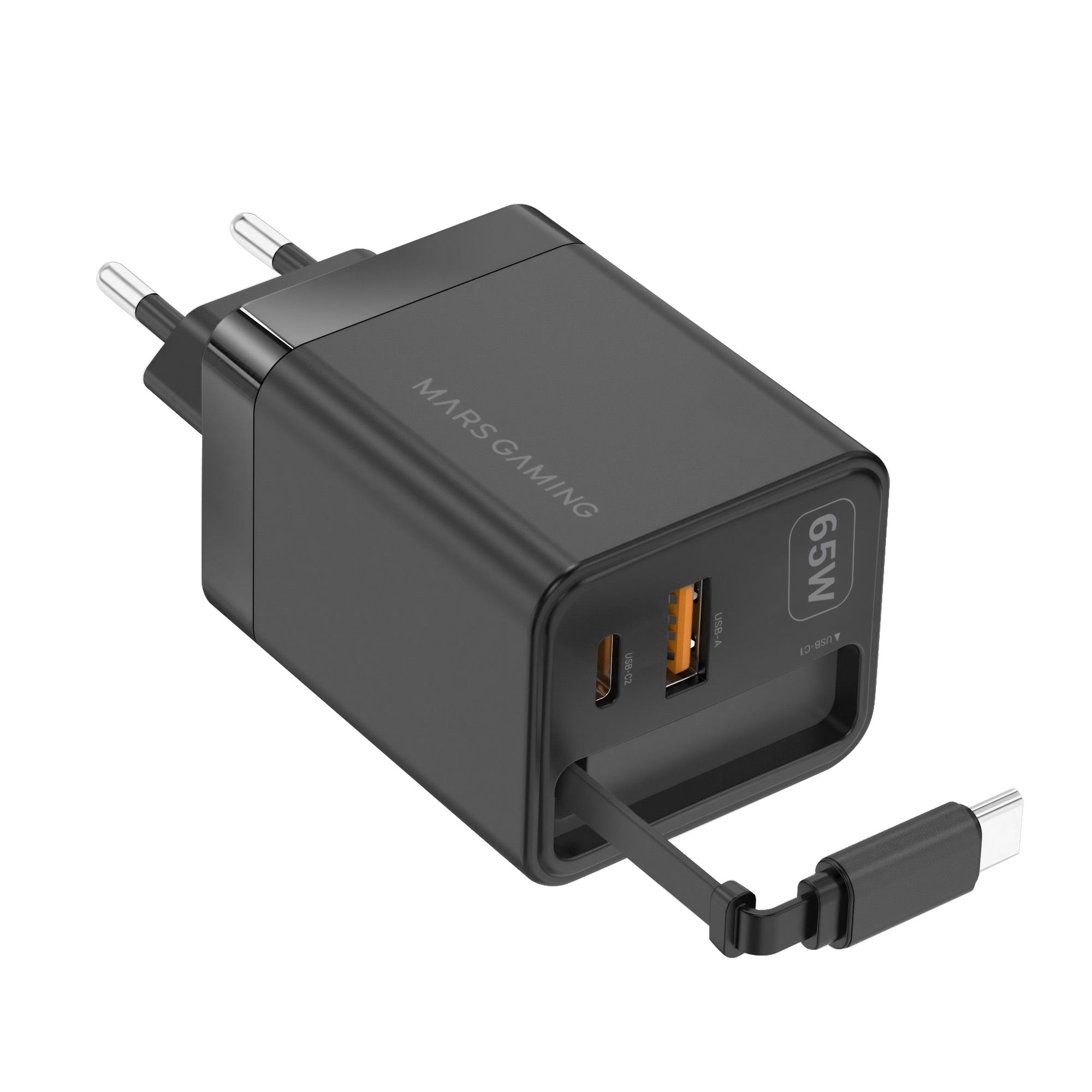 Mars Gaming MD-GAN65R, Cargador USB-C 65W Ultracompacto, Carga Rápida QC 3.0 y PD 3.0, Tecnología GaN, Cable Retráctil Plano 65cm, 9 Protecciones, Puerto USB-A y USB-C, Enchufe Europeo Tipo C, Cargador Negro o Blanco