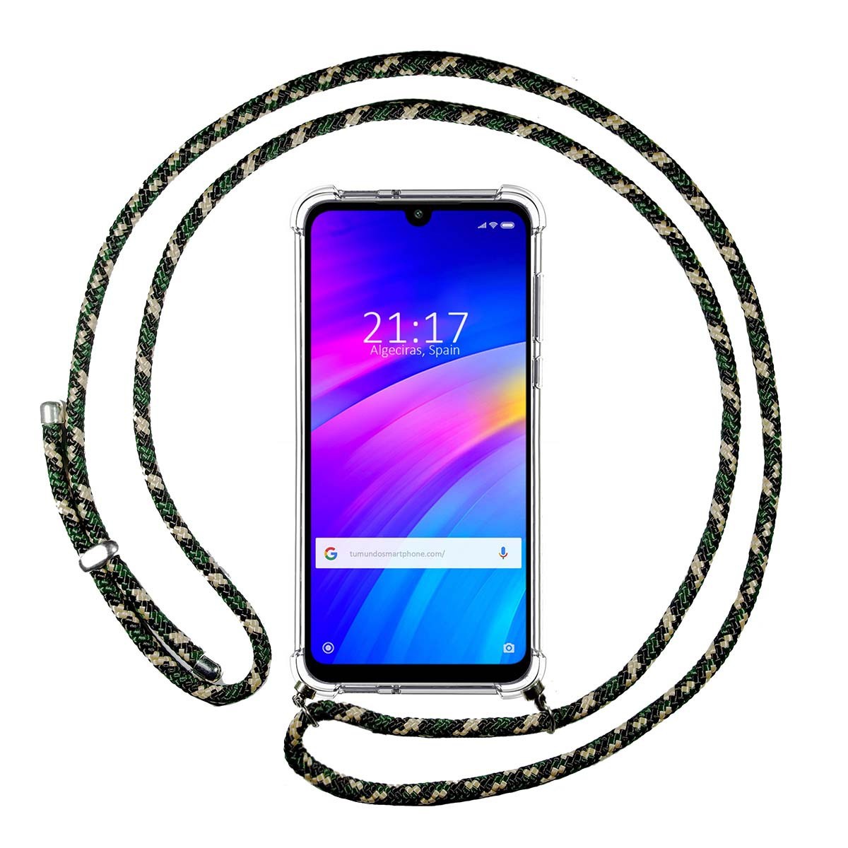 Tumundosmartphone Funda Colgante Transparente para Xiaomi Redmi 7 con Cordon Verde / Dorado