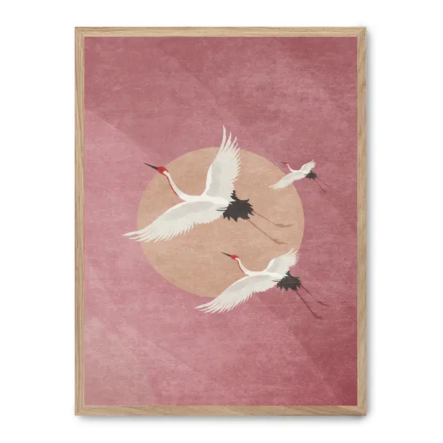 Cuadro soaring cranes 30x40cm, Póster impreso en papel de primera calidad de 180gr, montado sobre marco de madera MDF acabado roble., Arte - Japonés