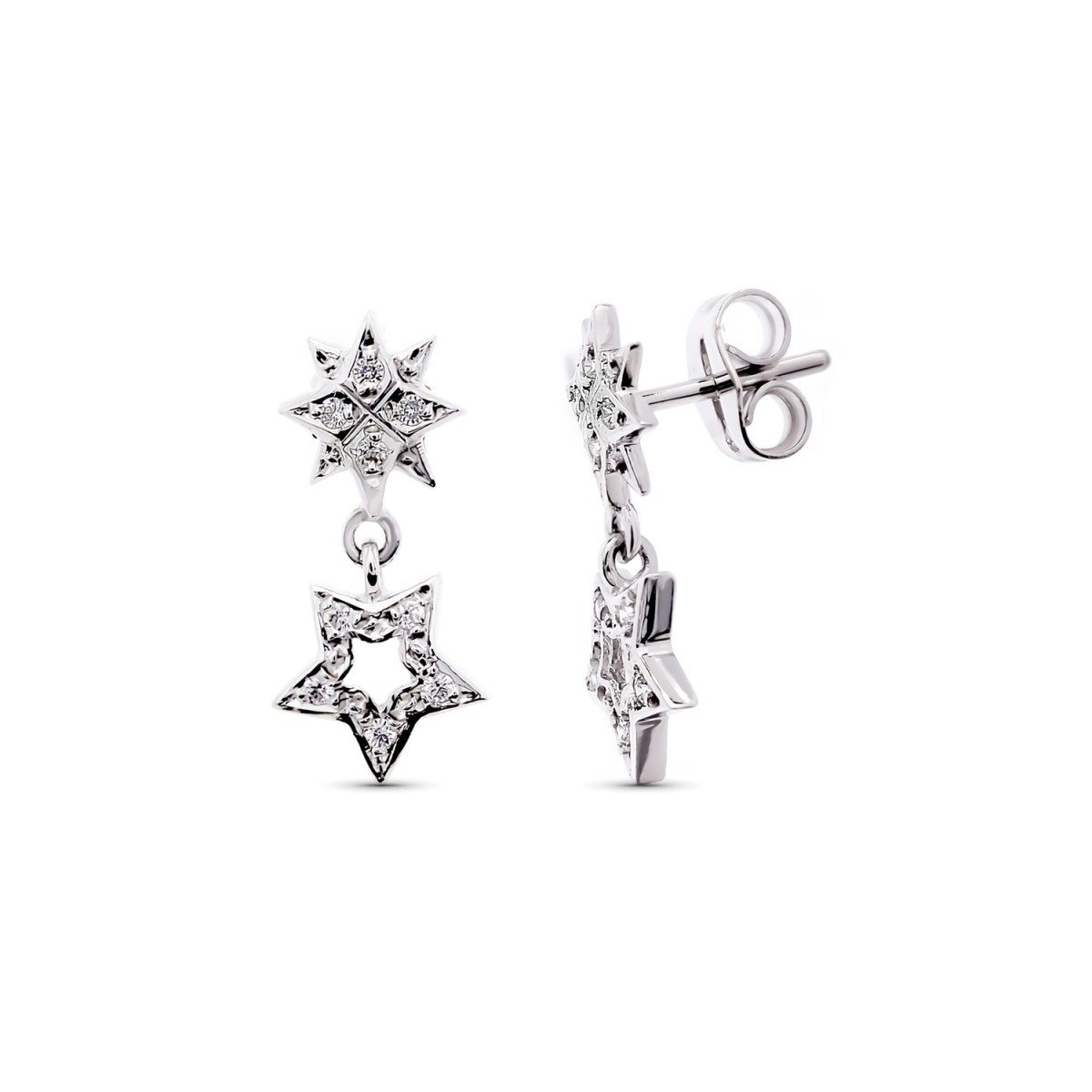 Pendientes oro blanco 18k mujer largos 17 mm. estrellas combinadas circonitas presión