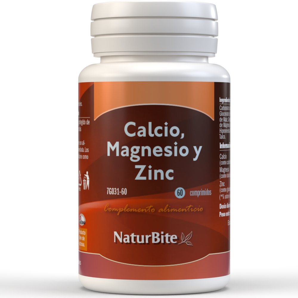 Naturbite - NaturBite - Calcio Magnesio y Zinc 1450 mg | 60 Comprimidos | Formula de Absorción Rápida, para la Salud Ósea, Dental, Muscular y Nerviosa, Ayuda al Sistema Inmunológico