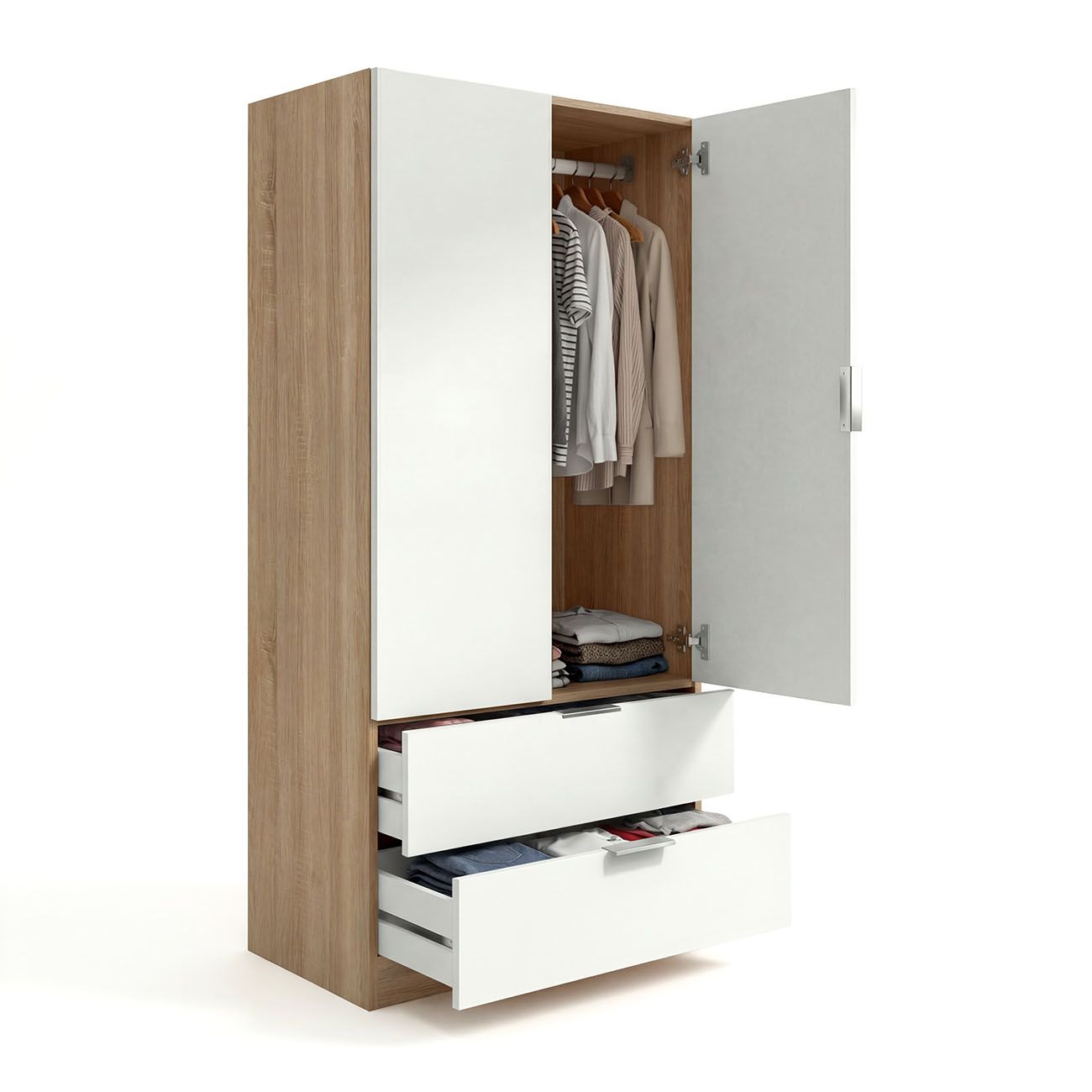 duehome - Armario de 2 puertas y 2 cajones Lark para dormitorio, fabricado en melamina de alta calidad, medidas 81,5x180x52 cm, diseño nórdico moderno con barra colgante y estantes integrados