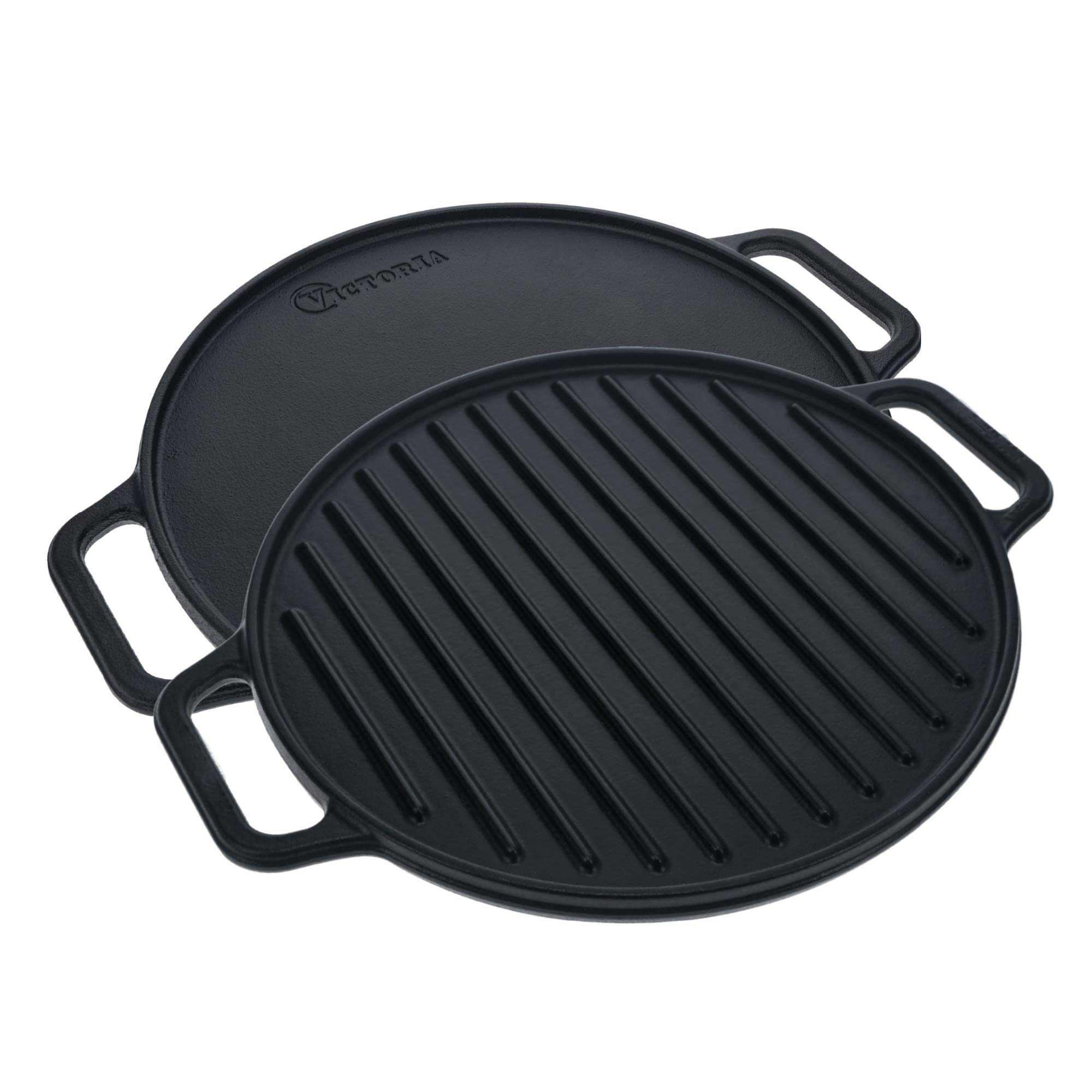 Victoria Plancha Cocina Hierro Fundido Inducción Parrilla Doble Reversible para Fuego, Barbacoa, Horno, Vitrocerámica, Gas, Libre de Tóxicos sin PTFE